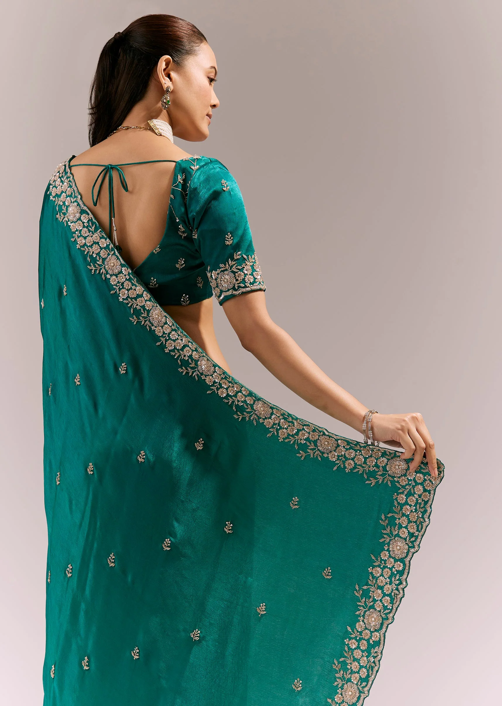 Turquoise Blue Satin Chinon Saree With Cutwork Floral Embroidered Border - Image 6
