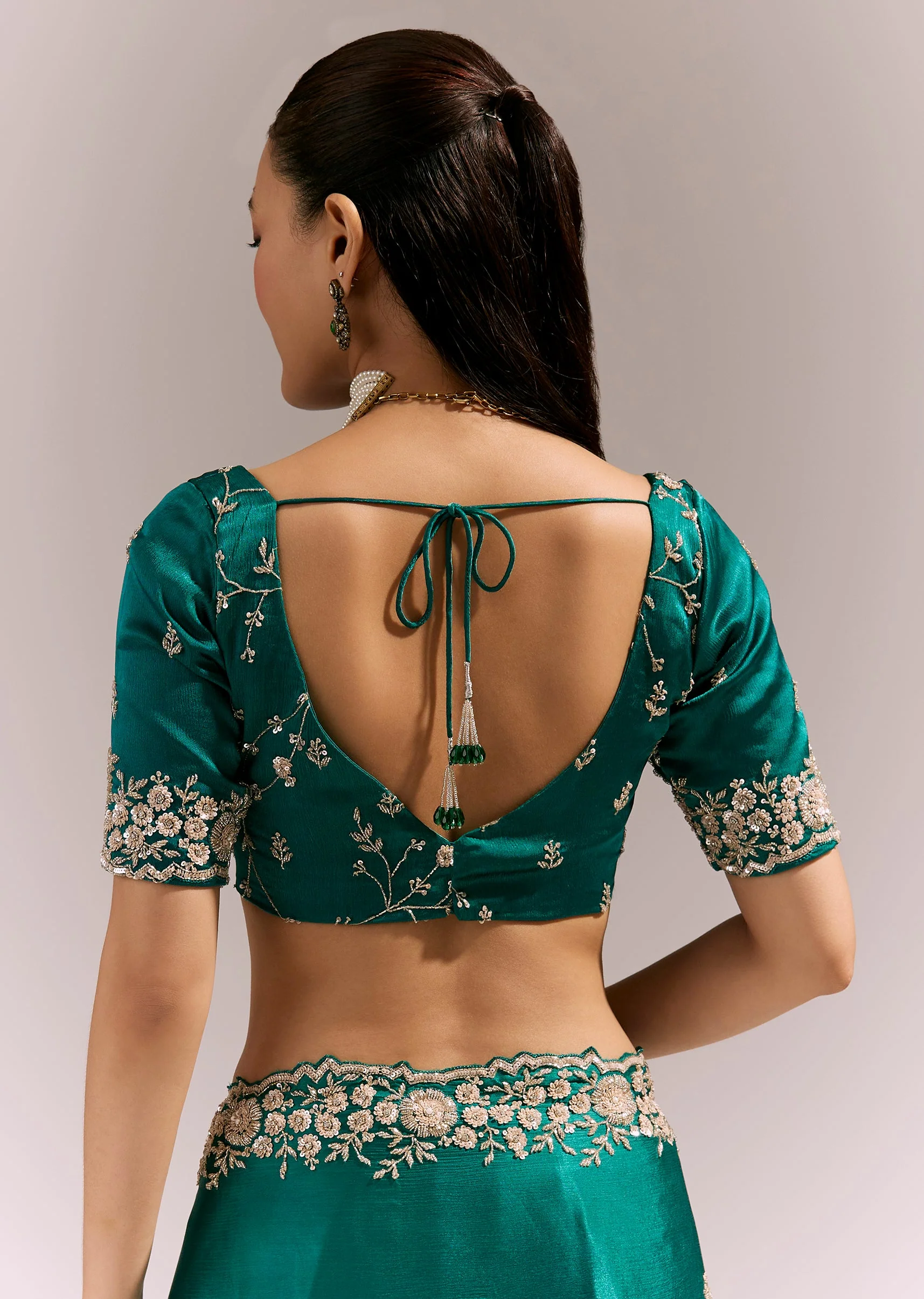 Turquoise Blue Satin Chinon Saree With Cutwork Floral Embroidered Border - Image 8