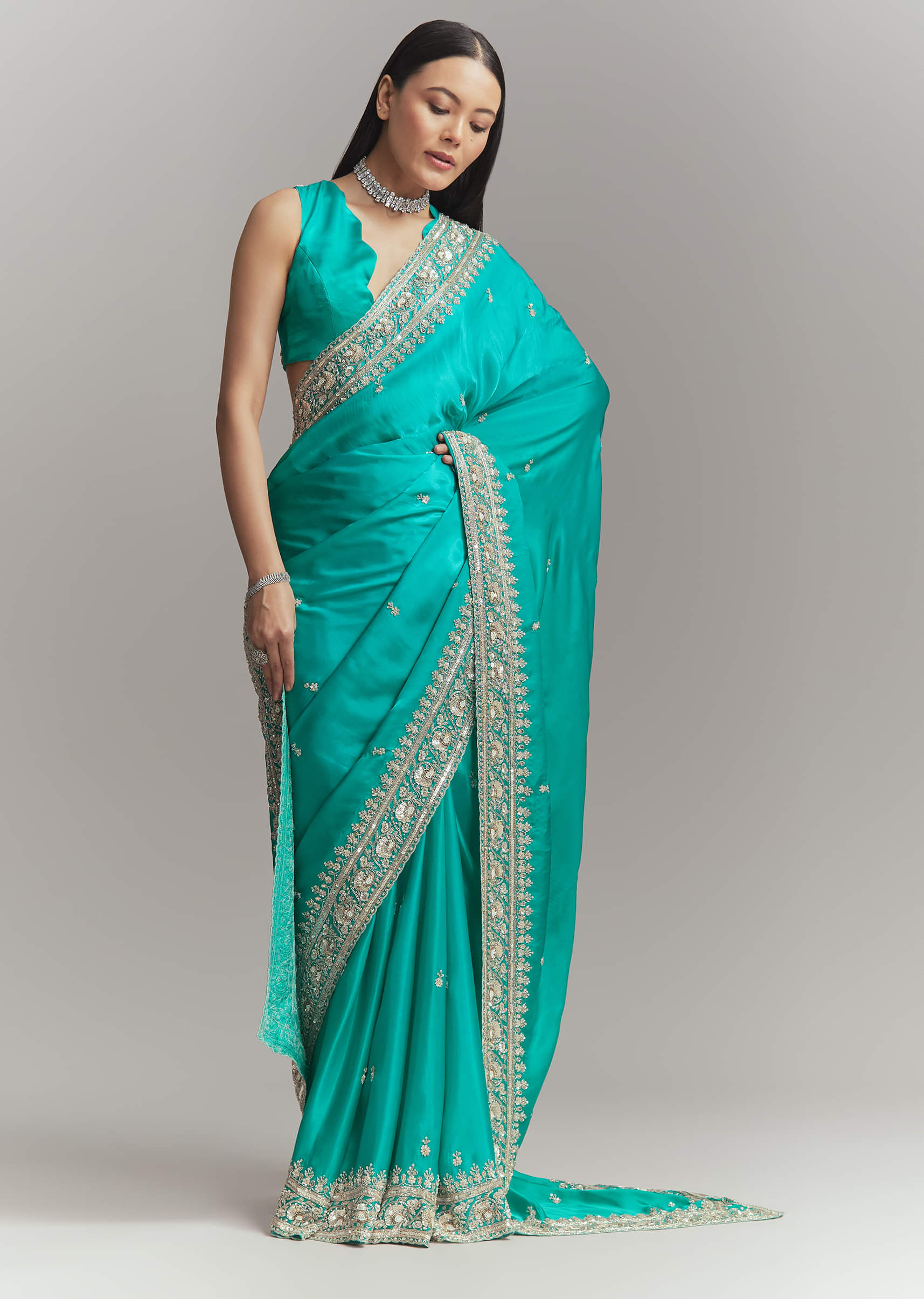 Turquoise Blue Satin Embroidered Saree With Heavy Hand Embroidery - Image 3