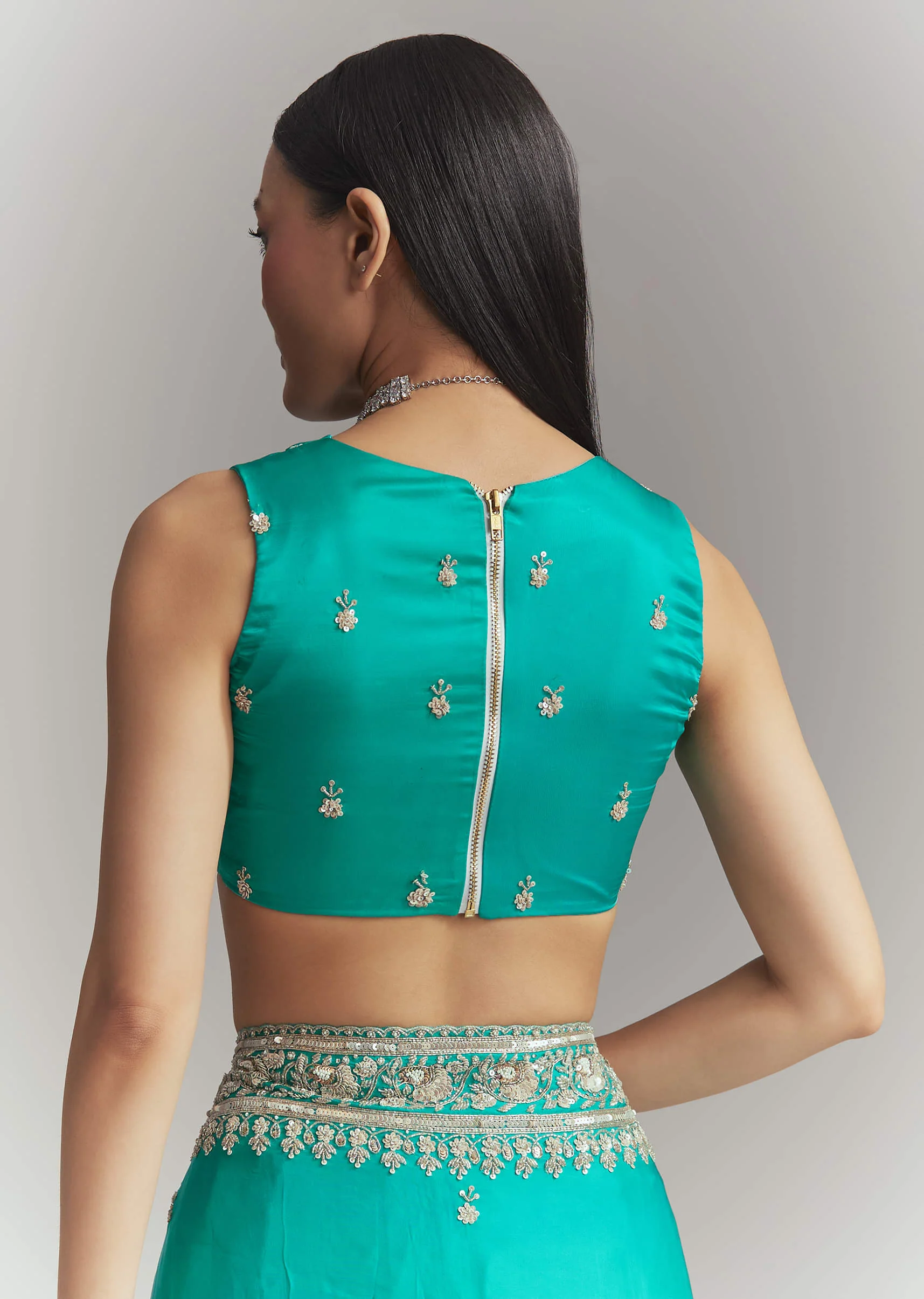 Turquoise Blue Satin Embroidered Saree With Heavy Hand Embroidery - Image 8