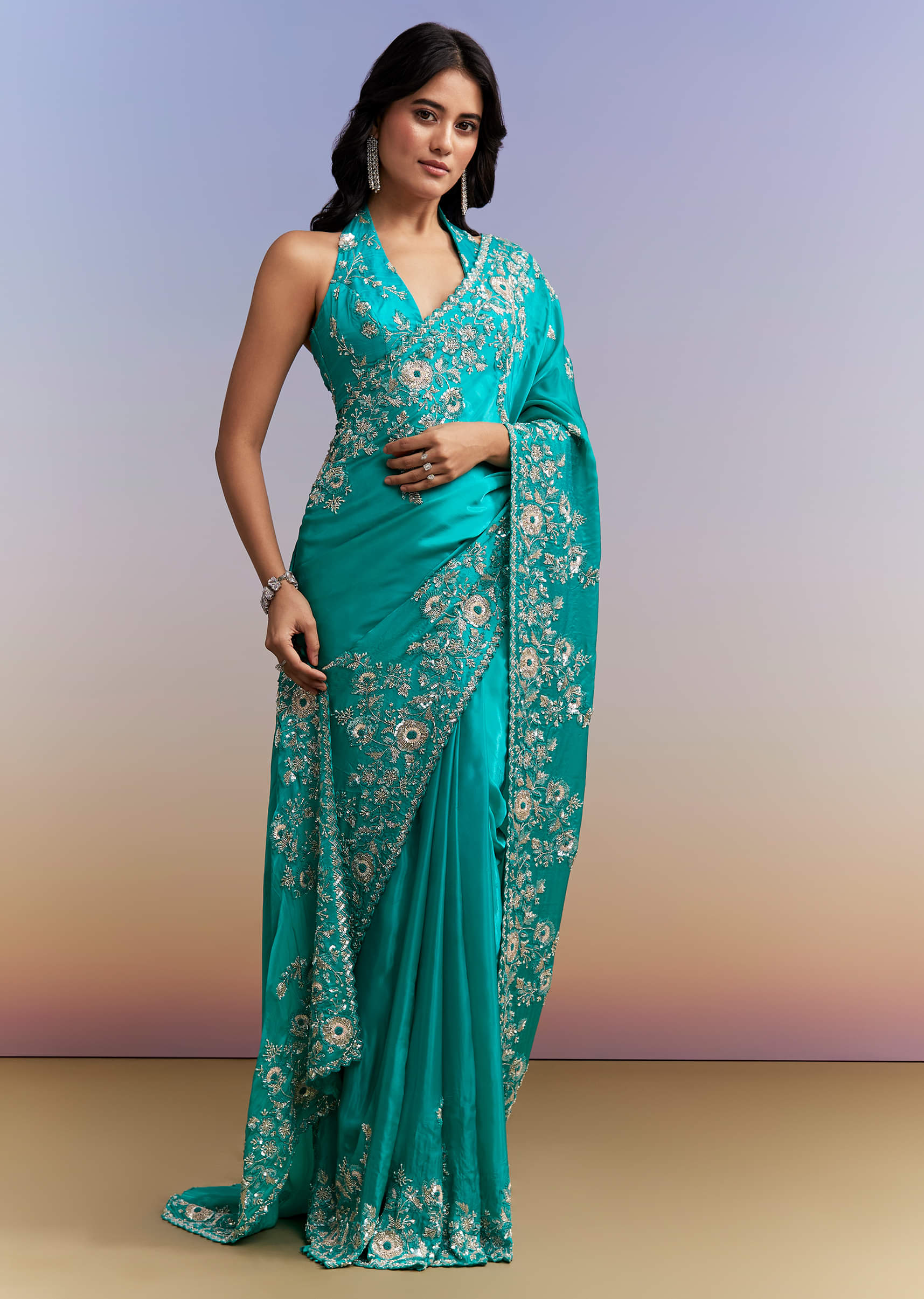 Turquoise Blue Satin Saree With Heavy Embroidered Details - Image 3