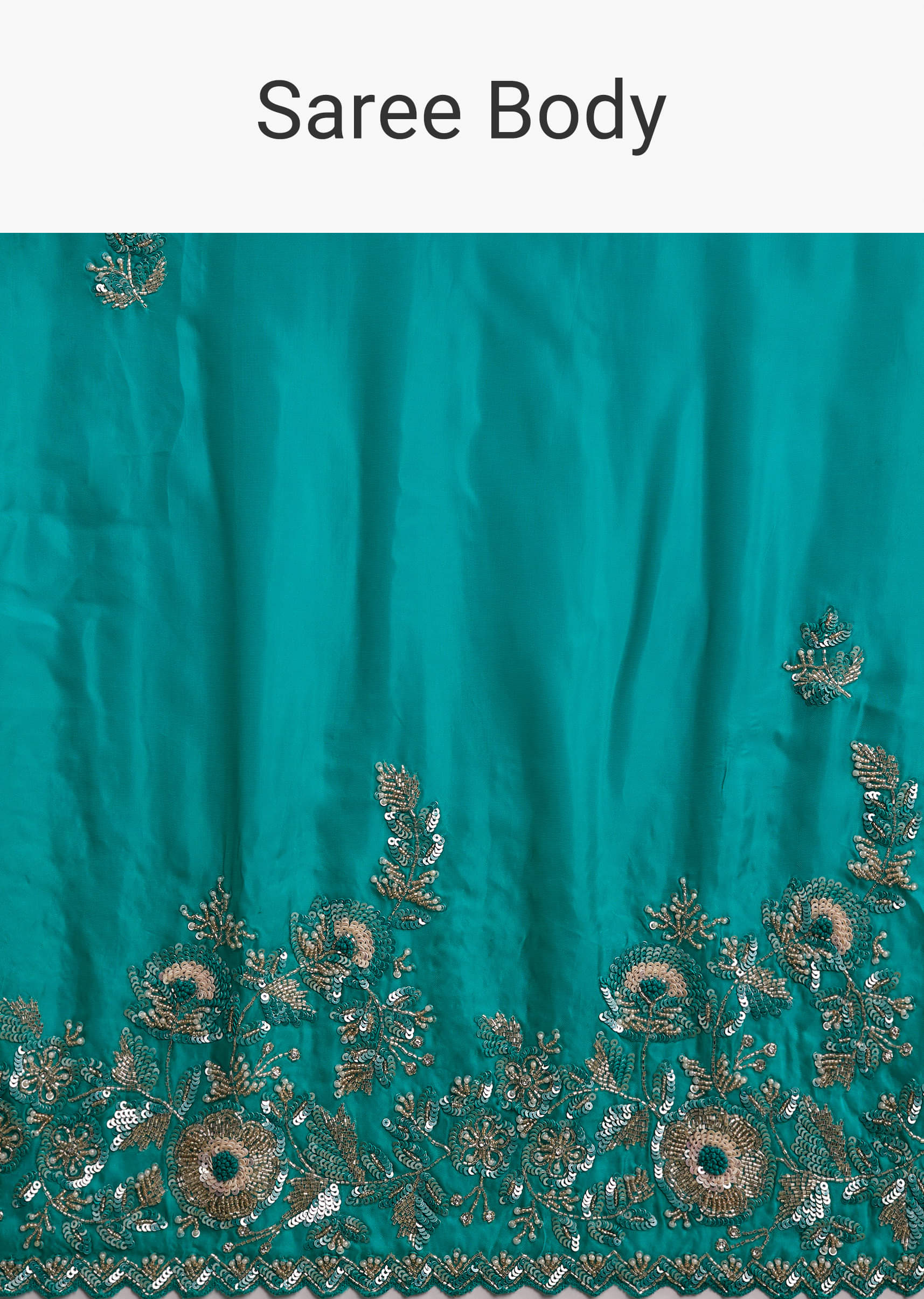 Turquoise Blue Satin Saree With Heavy Embroidered Details - Image 9