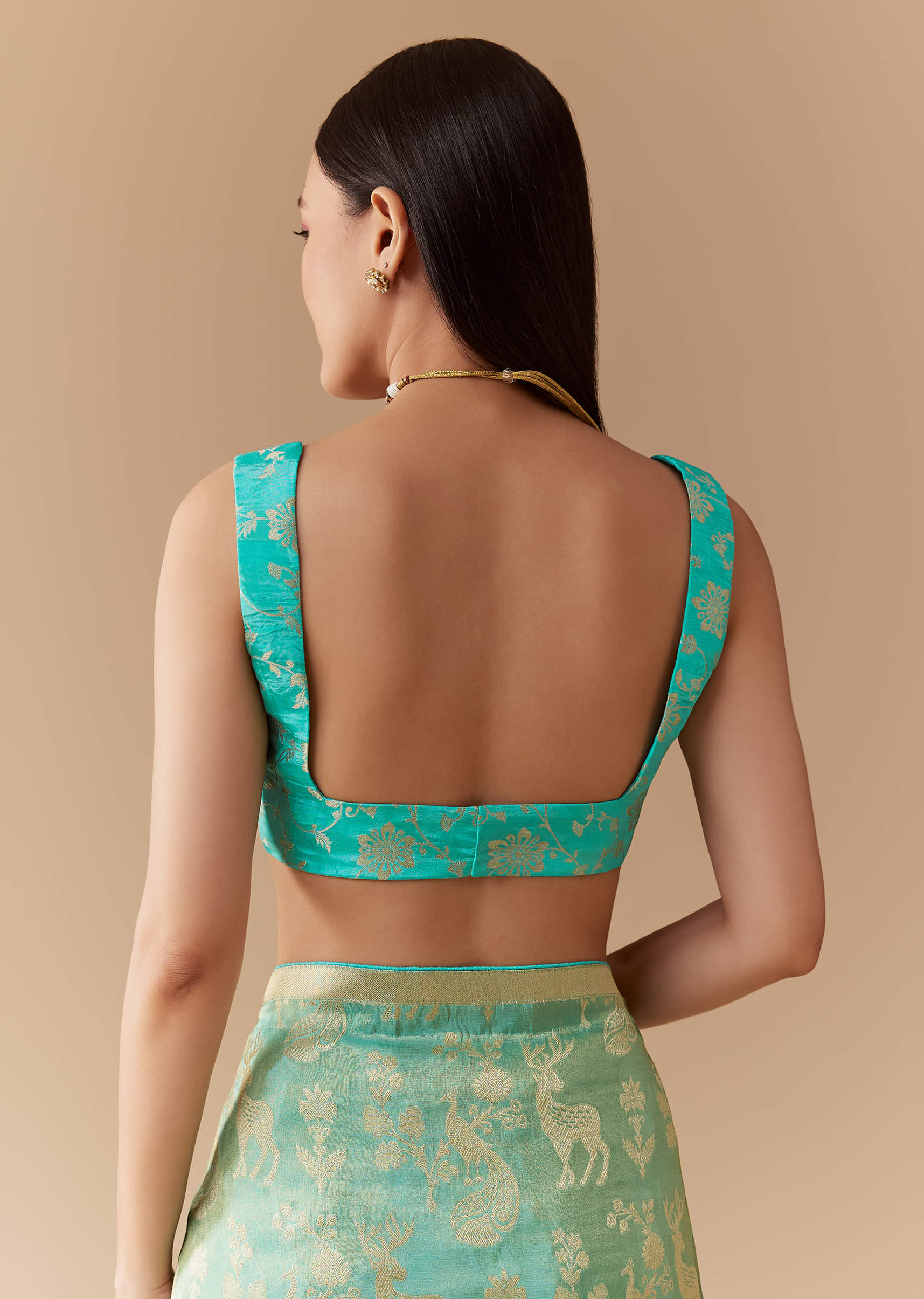 Turquoise Blue Zari Weave Silk Saree with Unstitched Blouse - Image 8