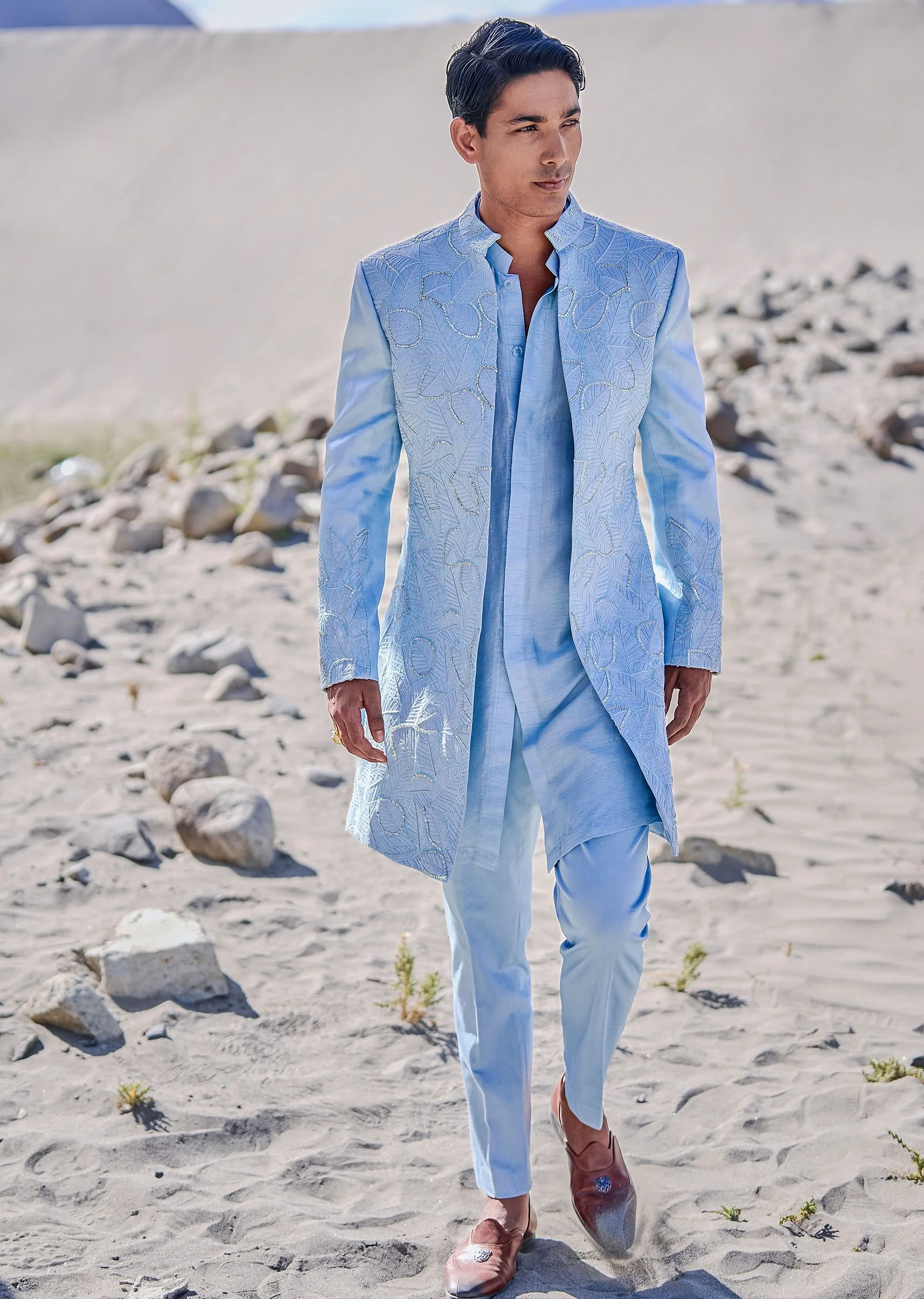 Turquoise Embroidered Linen Sherwani Suit - Image 3
