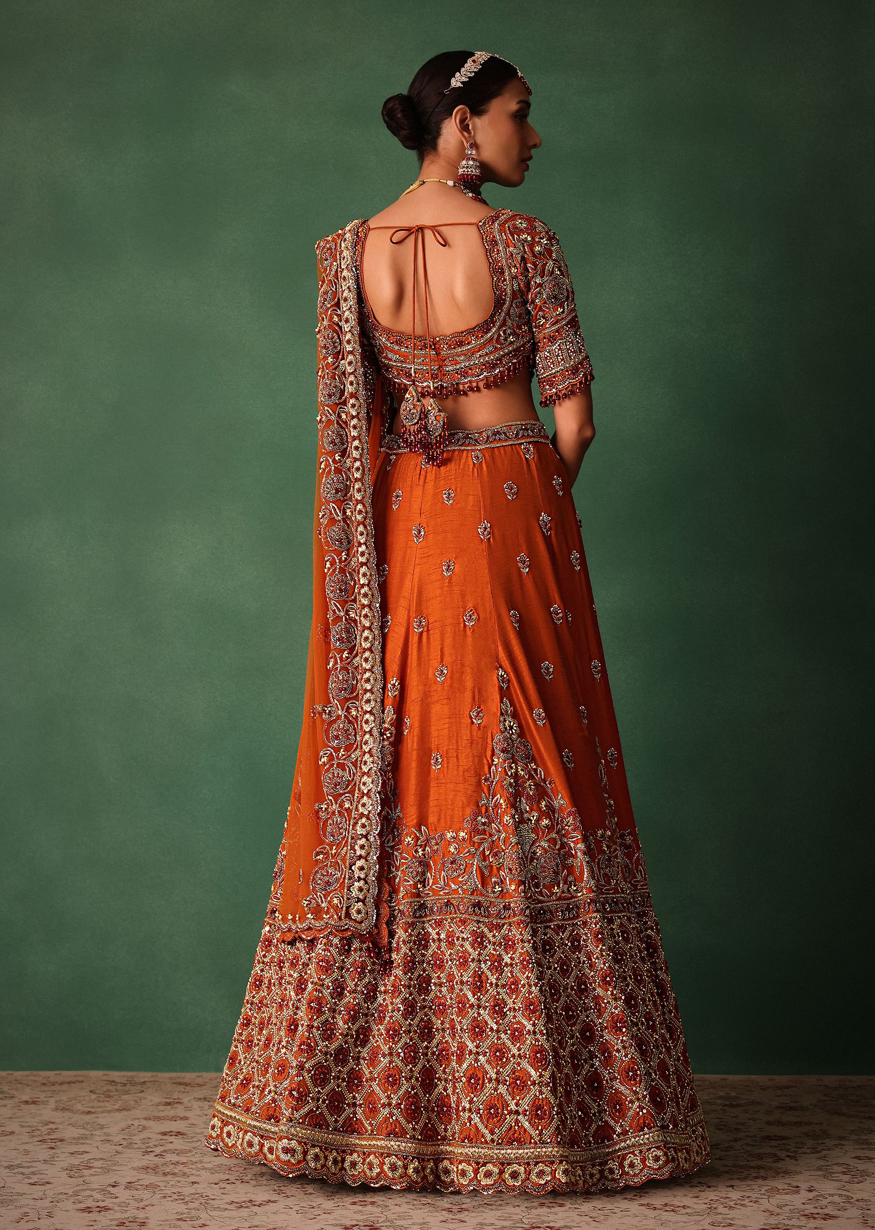 Tussar Orange Embroidered Lehenga With Scoop Neckline Blouse And Dupatta - Image 6