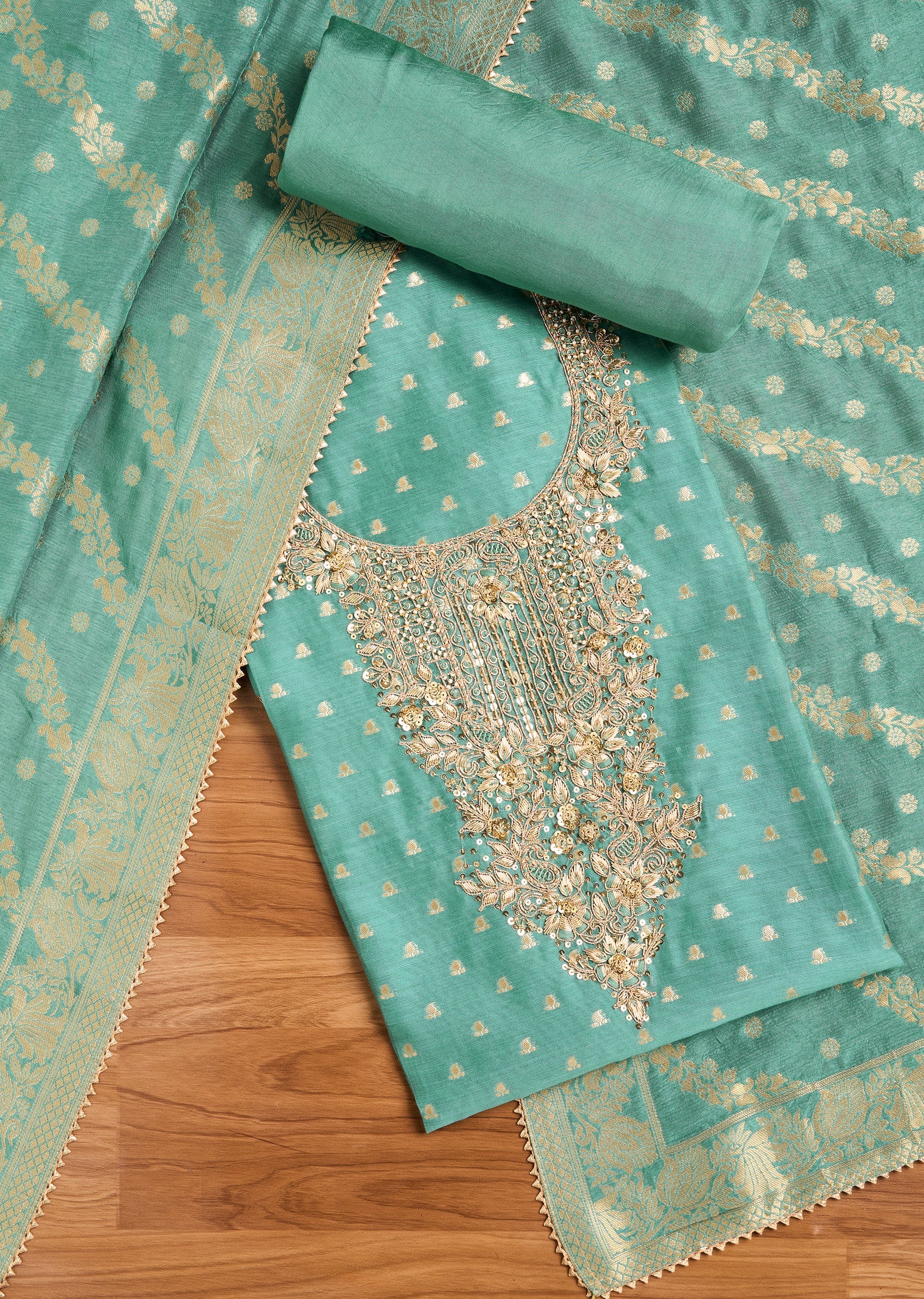 Unstitched Blue Chanderi Suit with Matching Dupatta