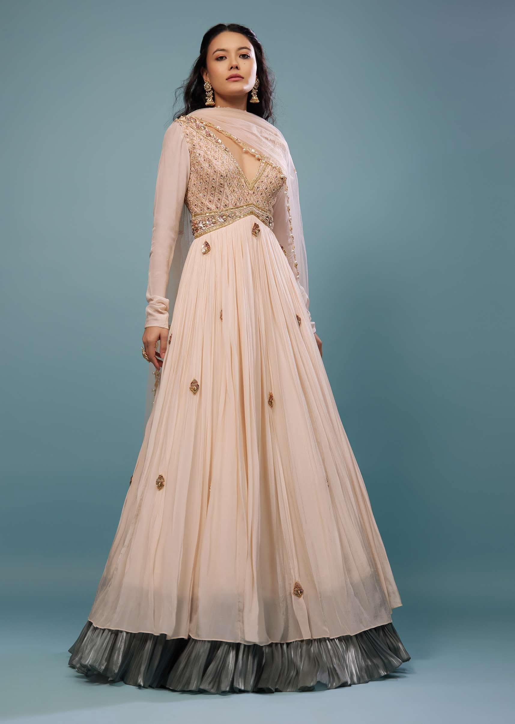 Powder Pink Embroidered Anarkali Suit In Crepe - Image 3