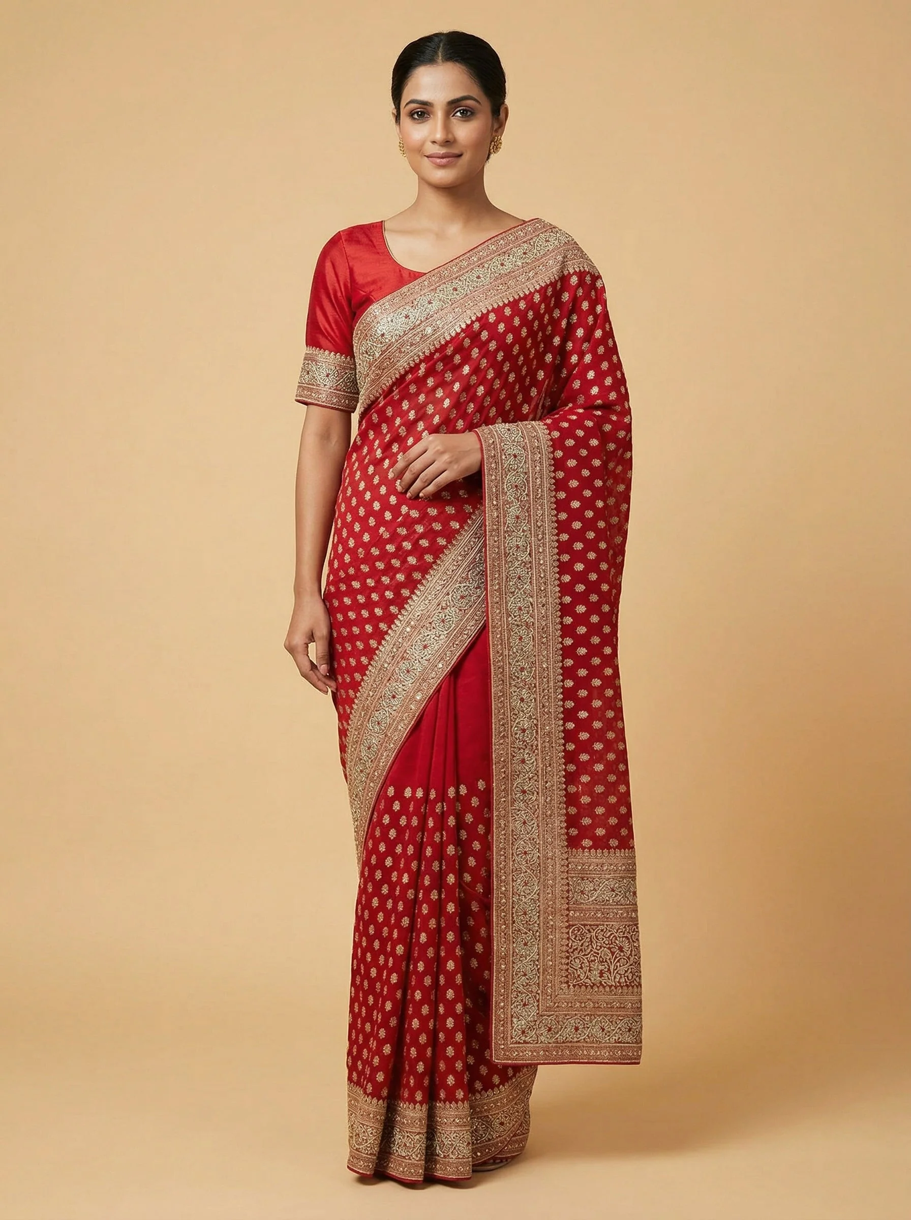 Velvet Garnet Red Embroidered Saree