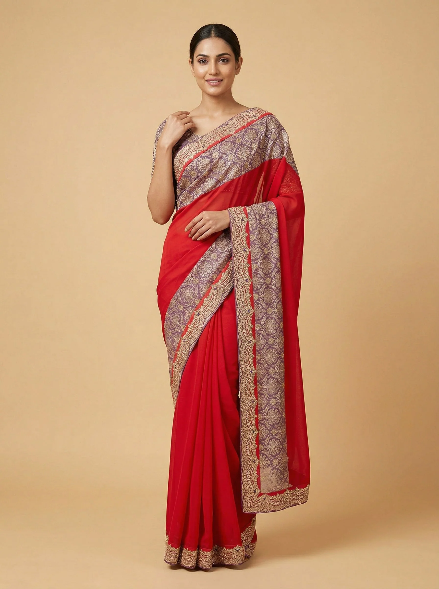 Velvet Red Embroidered Saree