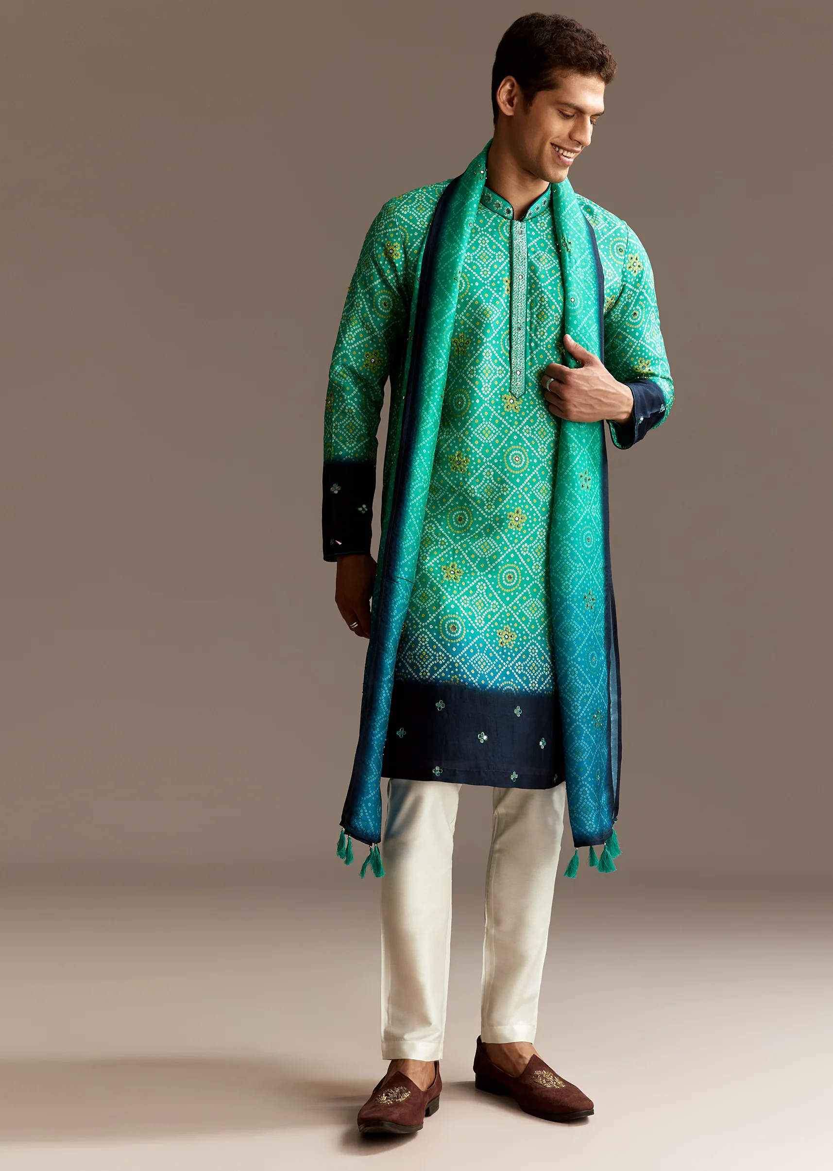Vibrant Ombre Couple Set – Green Satin Ombre Saree With Gota Patti Embroidery For Her And Green Bandhani Kurta Set With Dupatta For Him - Image 14