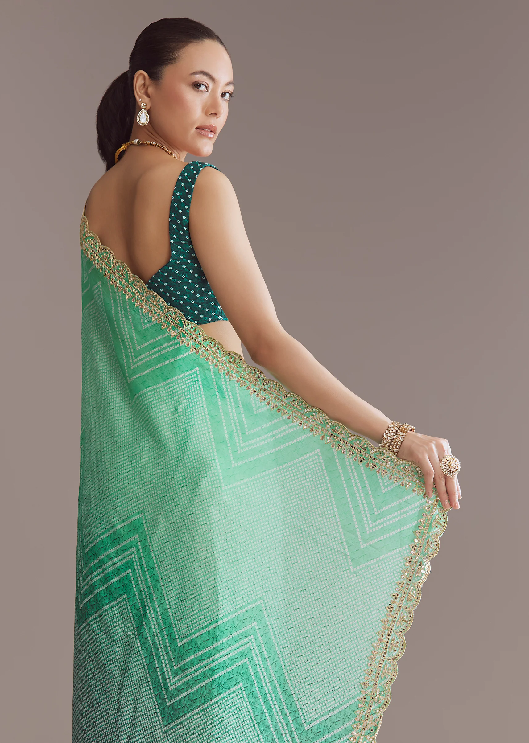 Vibrant Ombre Couple Set – Green Satin Ombre Saree With Gota Patti Embroidery For Her And Green Bandhani Kurta Set With Dupatta For Him - Image 4