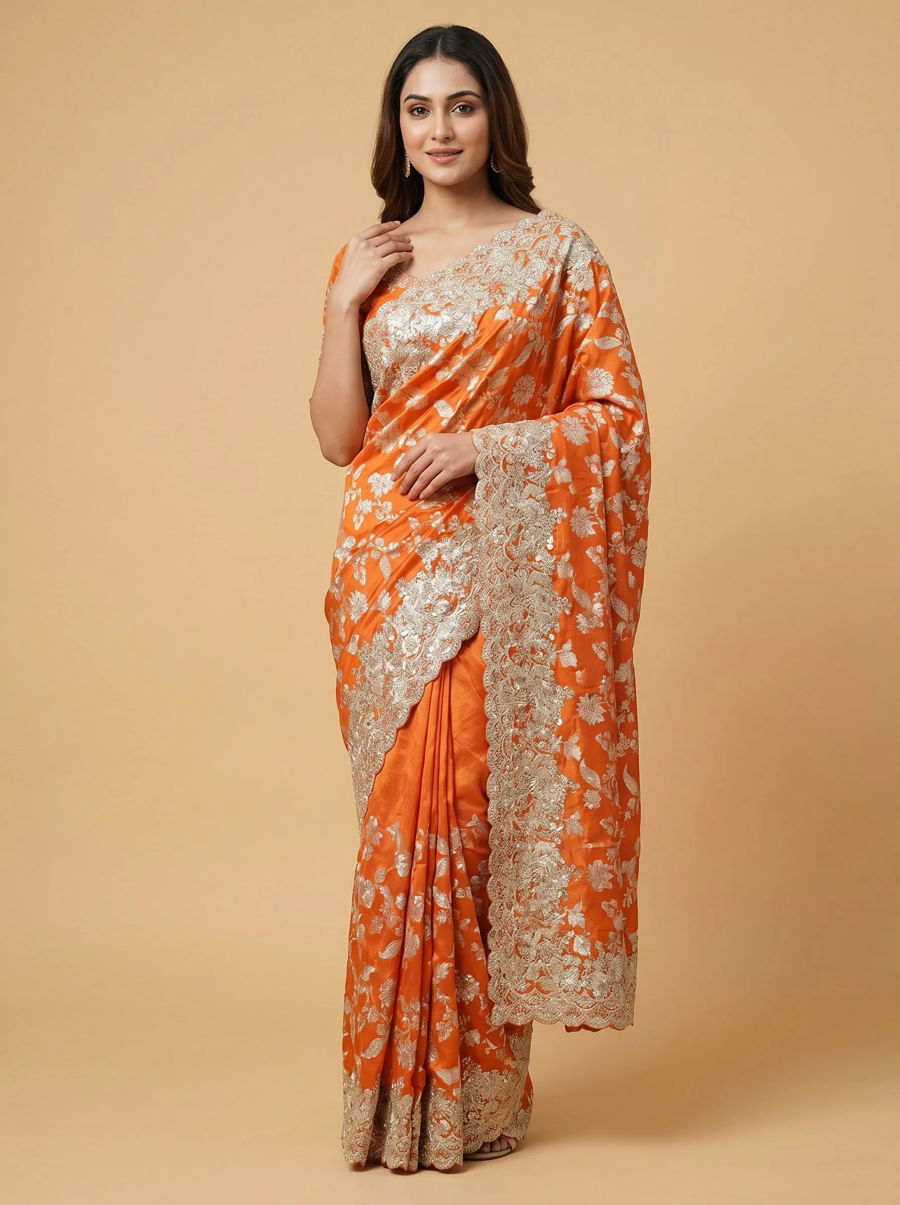 Vibrant Orange Embroidered Saree