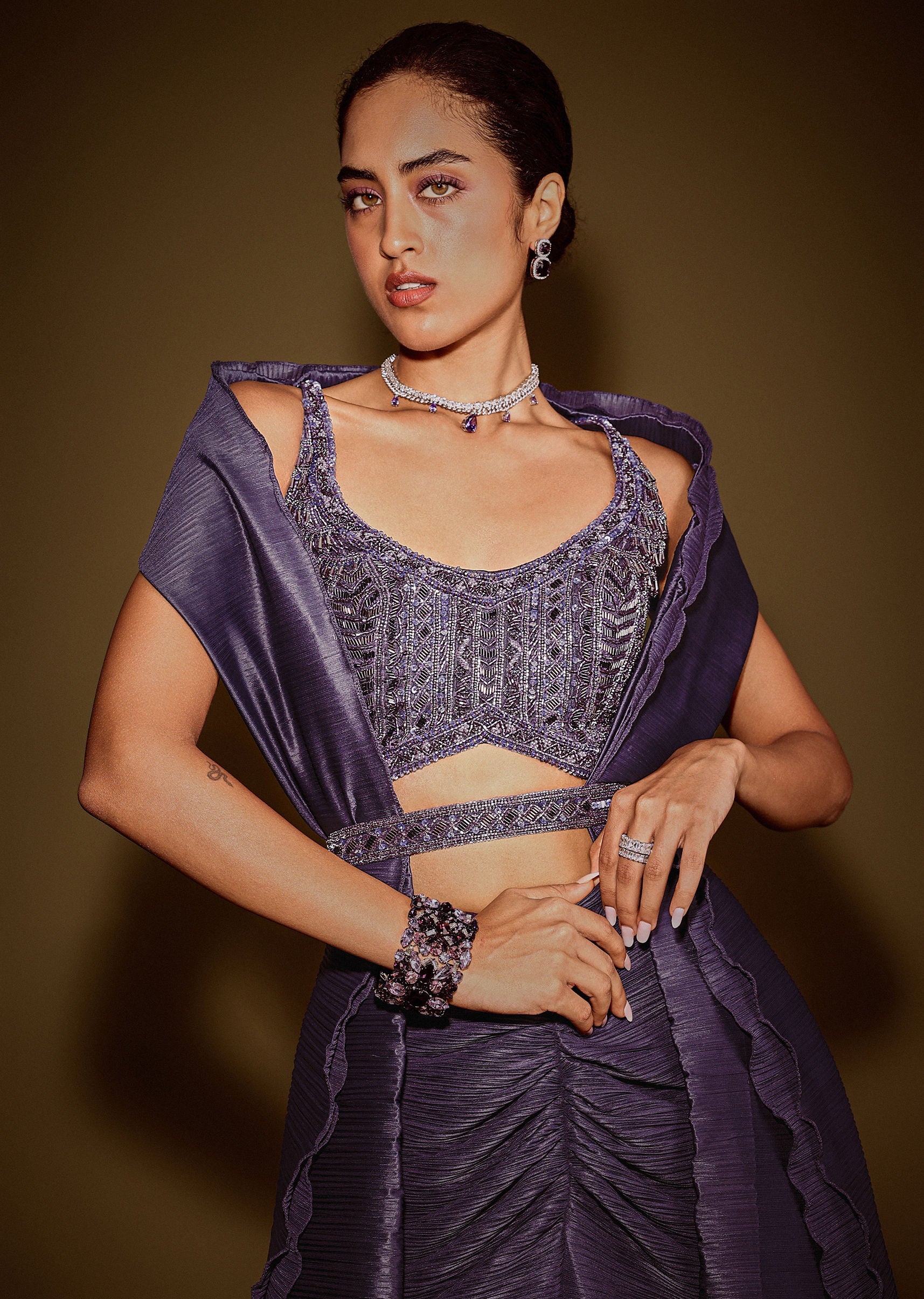 Violet Drape Skirt With Embroidered Blouse Belt And Dupatta - Image 3