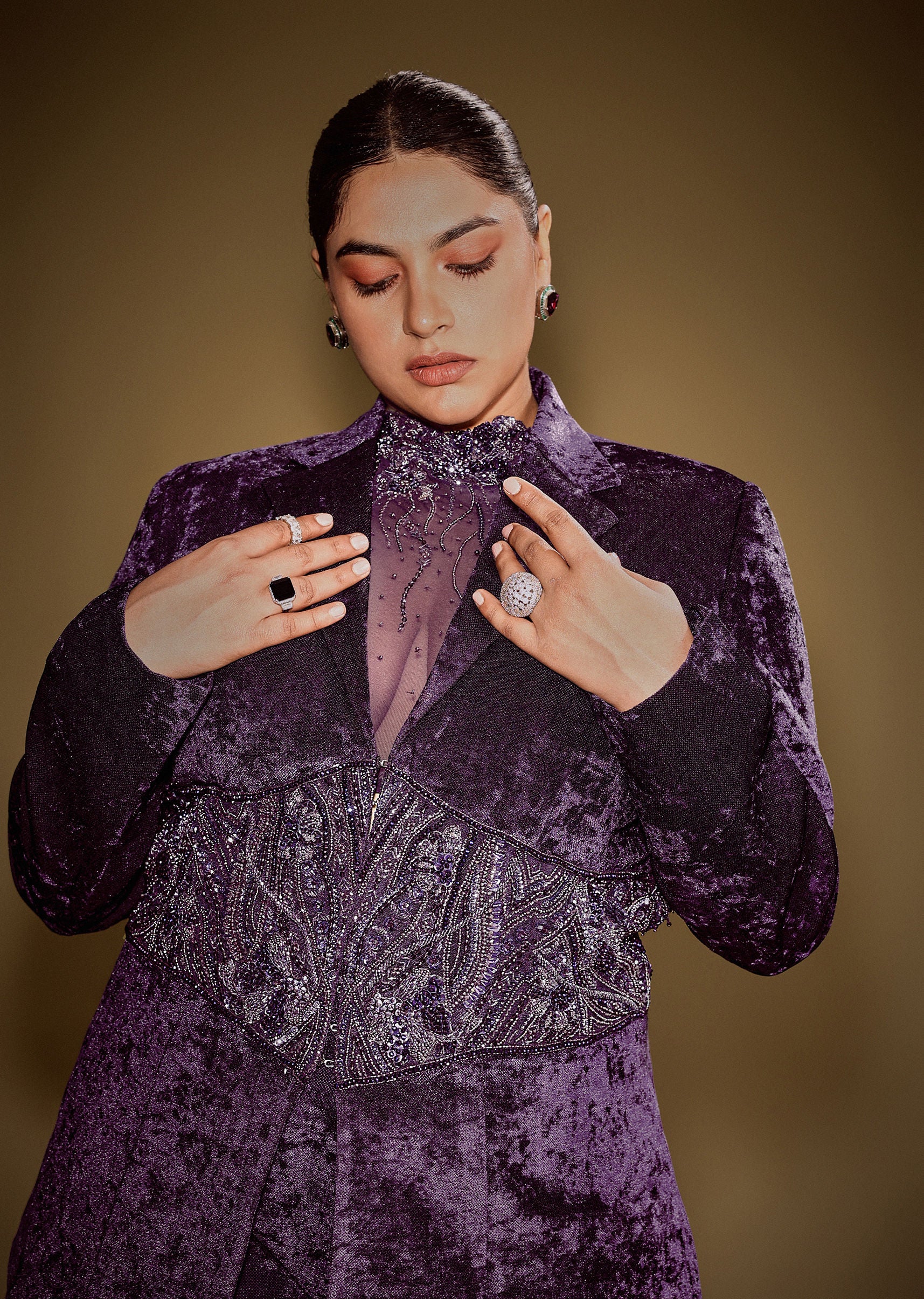Violet Embroidered Velvet Blazer Set With Polo Neck Top And Pants - Image 4