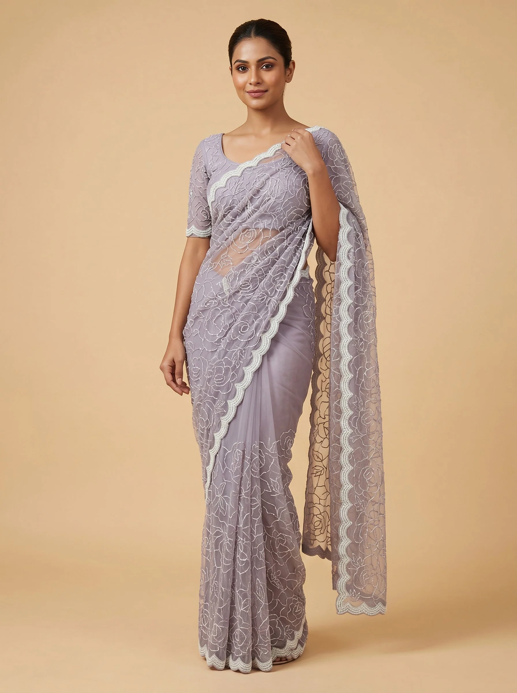 Violet Orchid Sheen Embroidered Saree