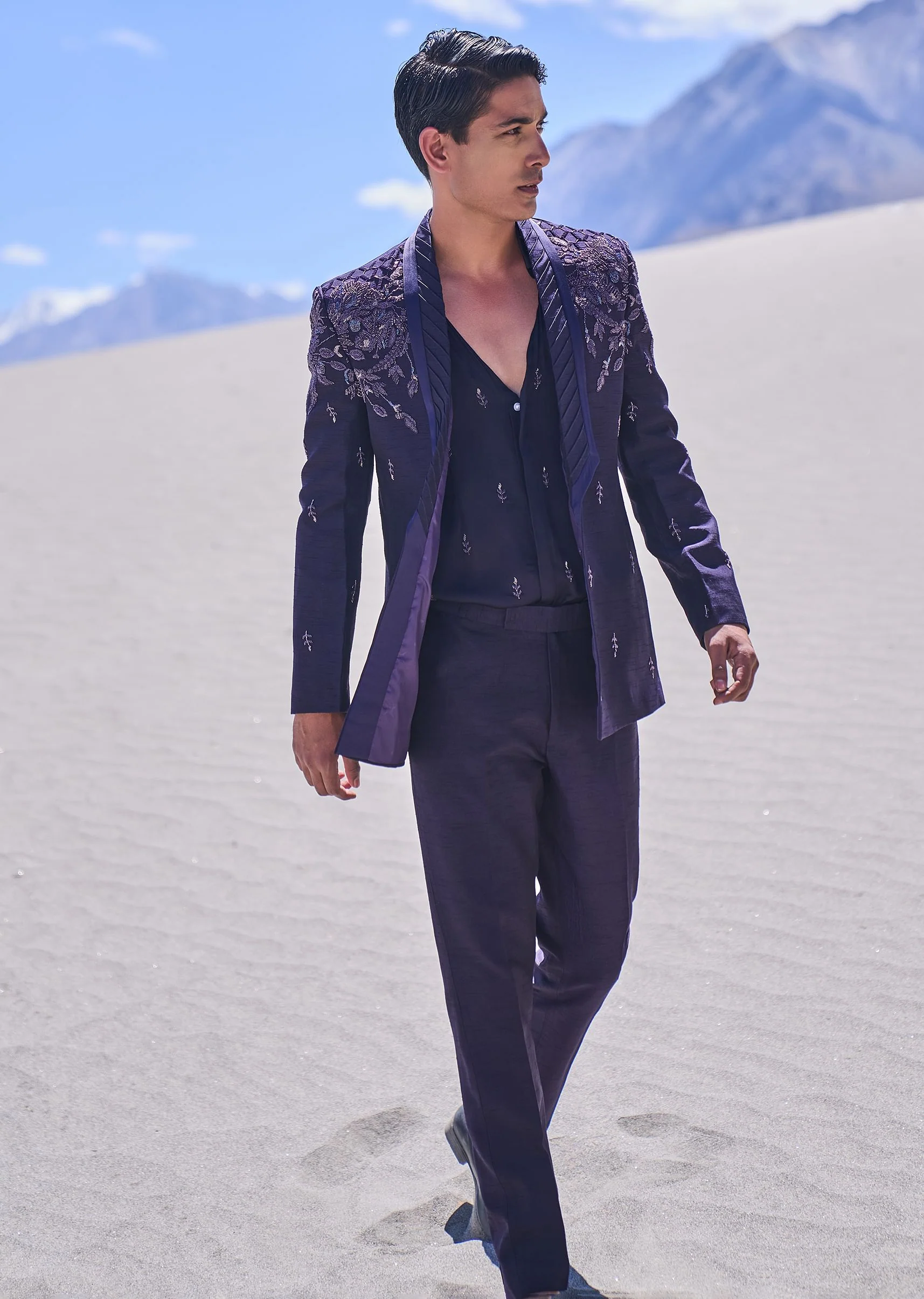Violet Royal Hand Embroidered Tussar Tuxedo Set