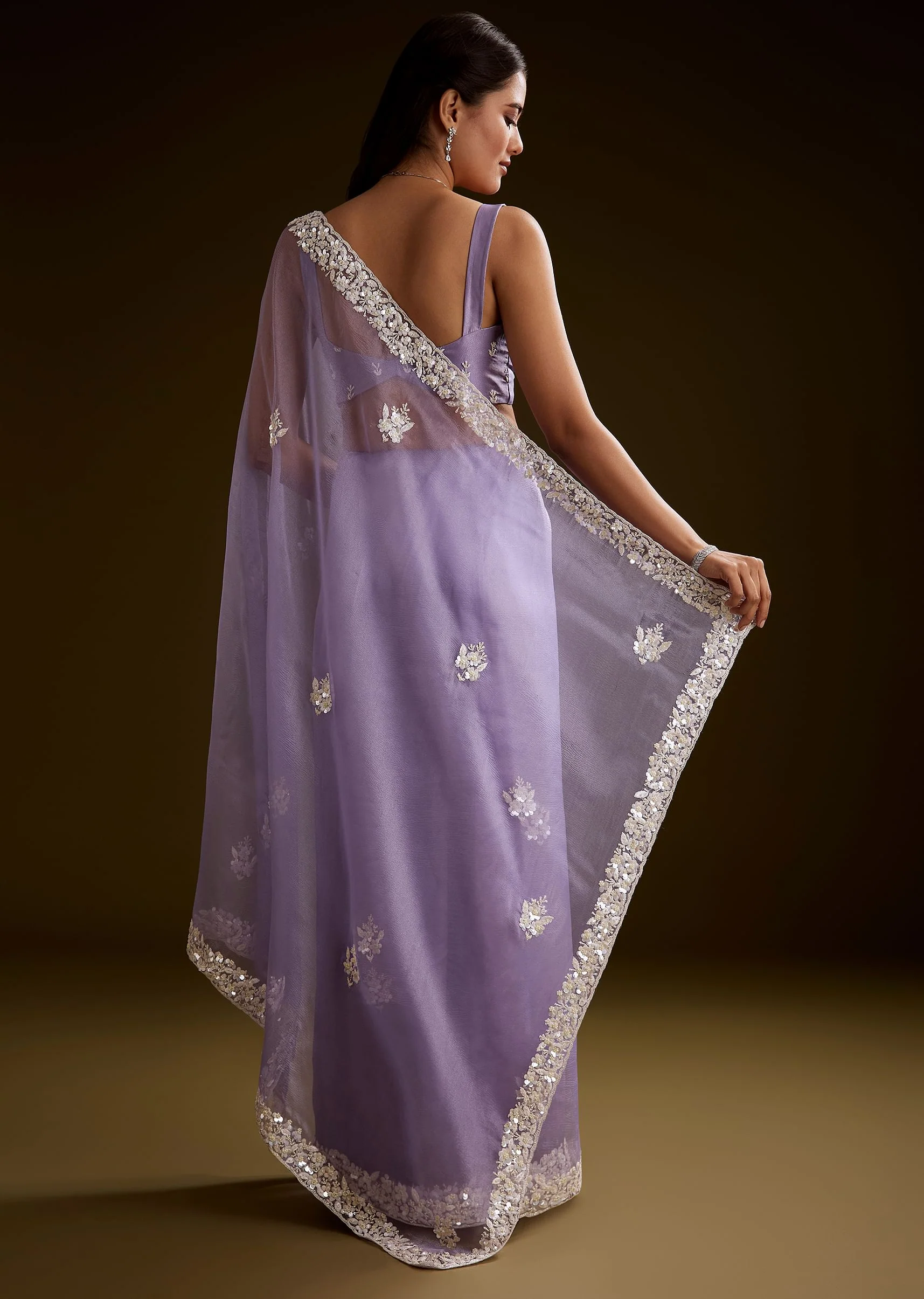 Violet Tissue Saree With Floral Embroidery And Scallop Border - Image 4