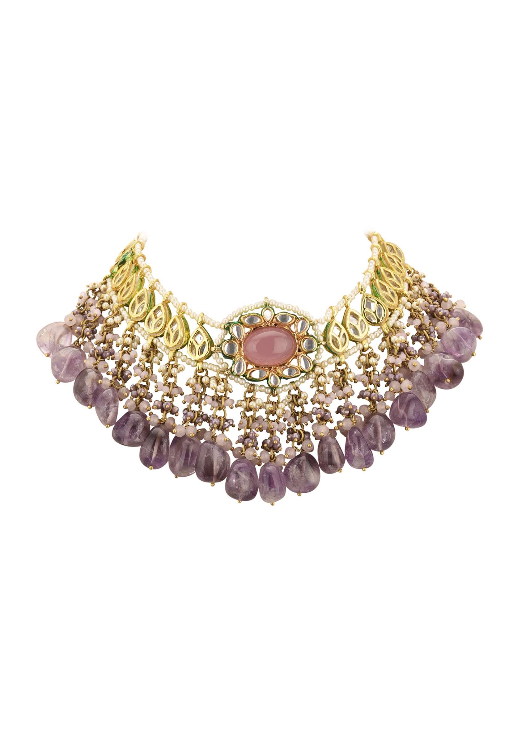 Voilet Toned Gold-Finish Kundan Choker Necklace Set With Colourful Meenakari Work In Mix Metal - Image 6