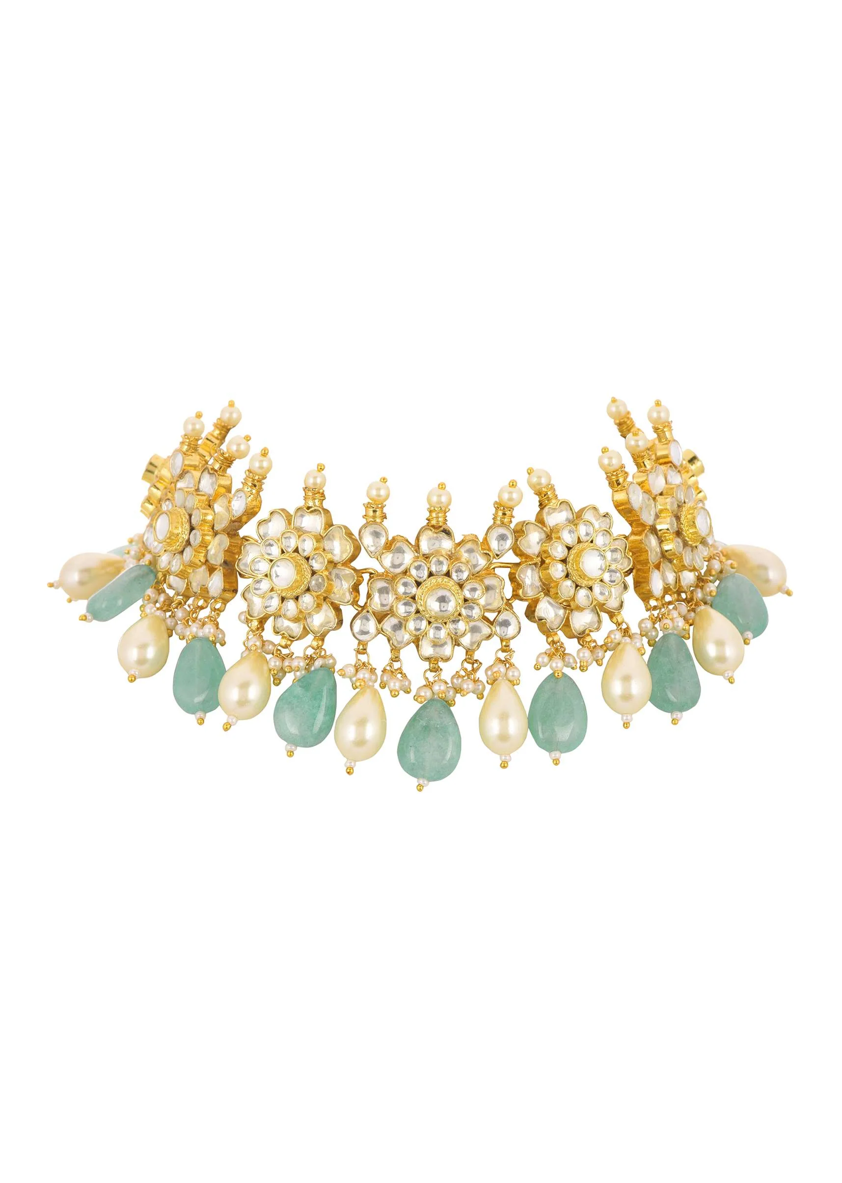 White And Mint Green Choker Set In Gold Finish Mix Metal - Image 5