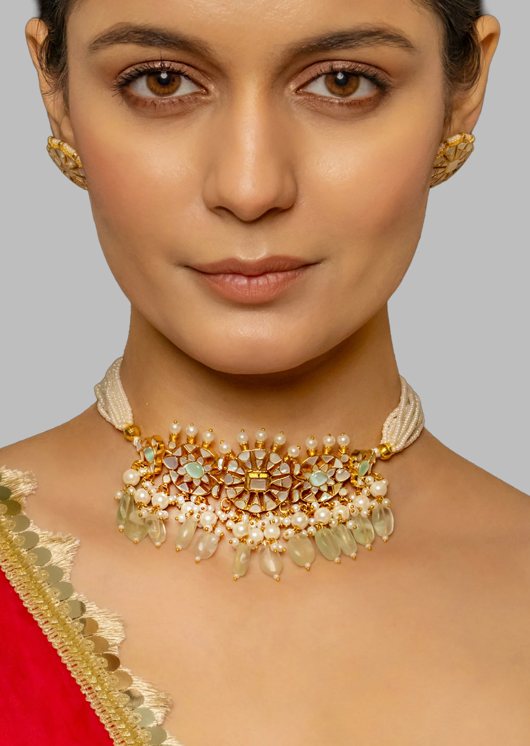 White And Mint Kundan Polki Bridal Choker Set - Image 2