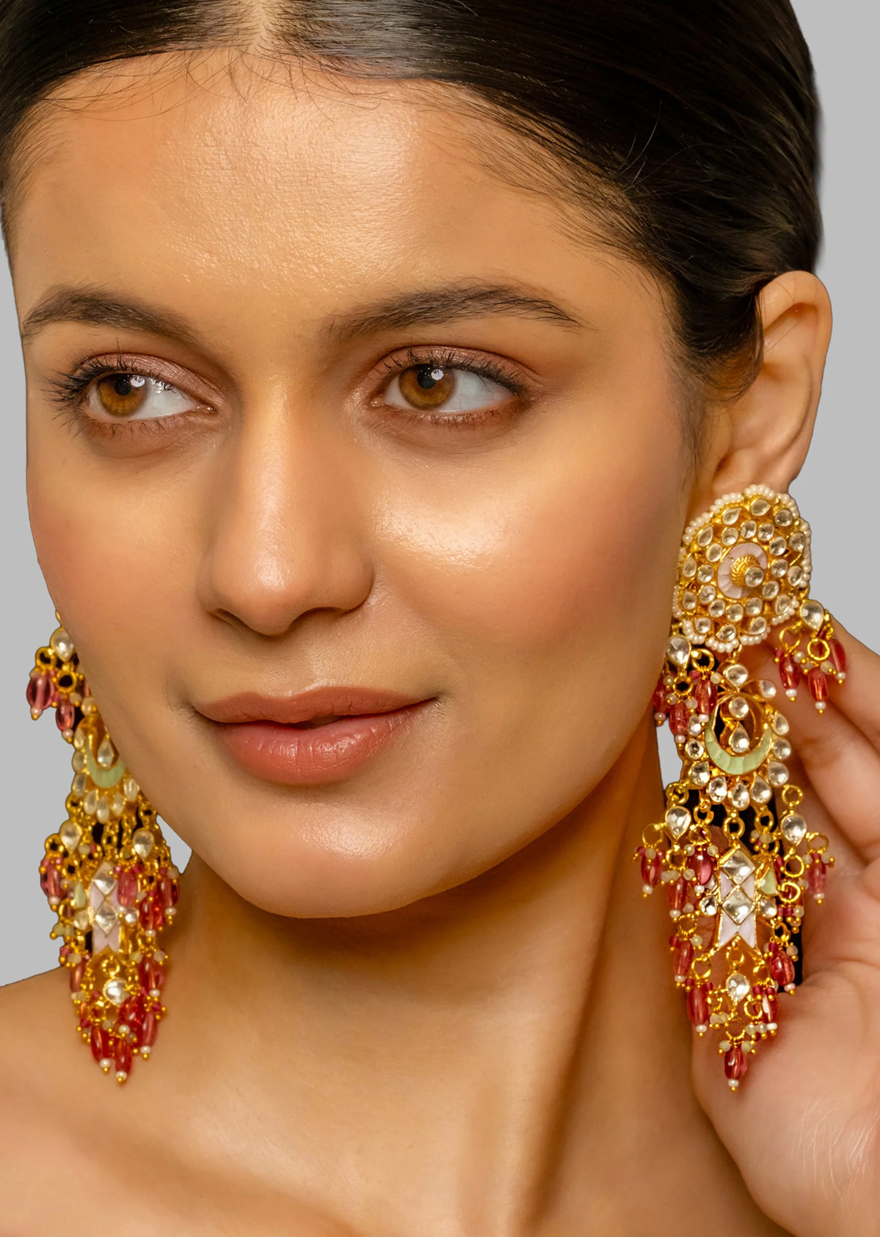 White And Mint Kundan Polki Earrings - Image 2