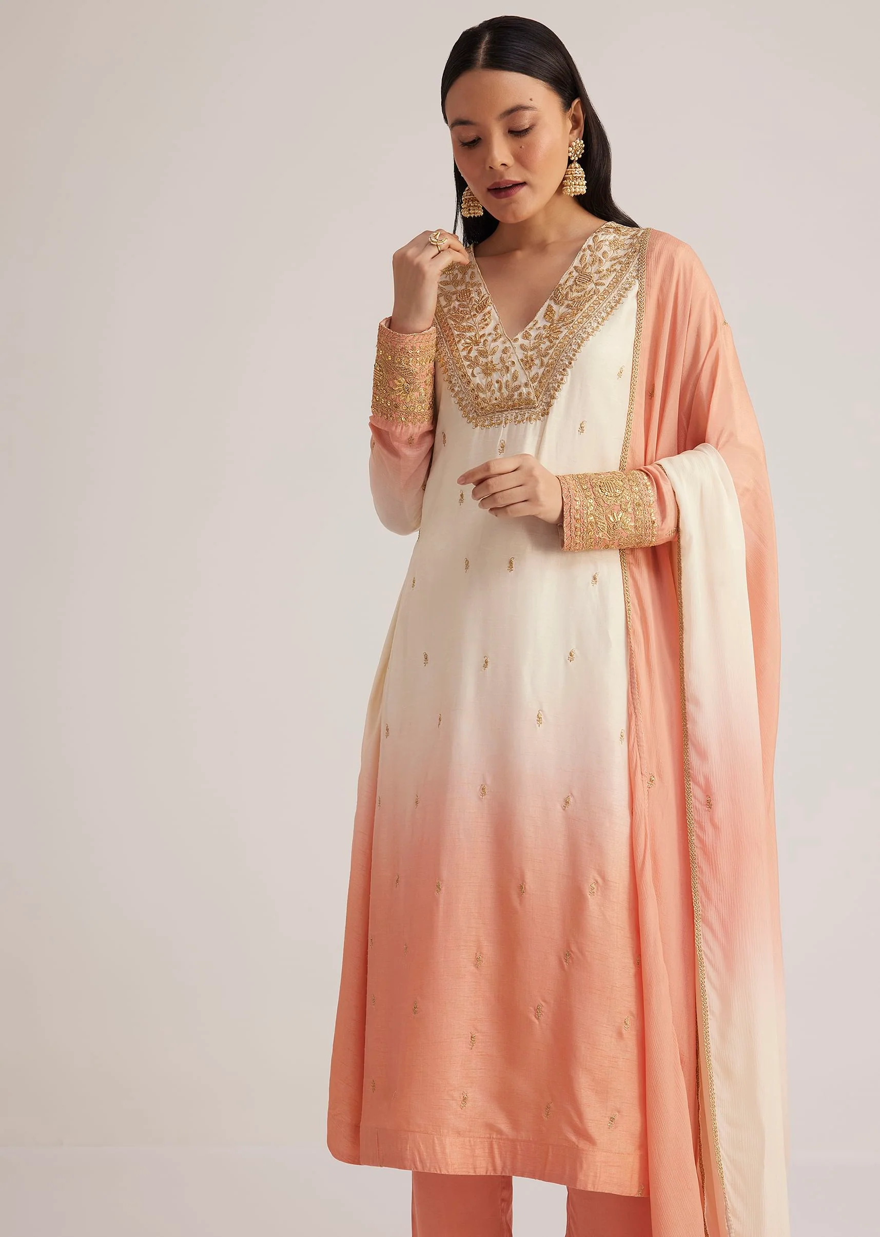 White and Peach Ombre Embroidered Suit - Image 3