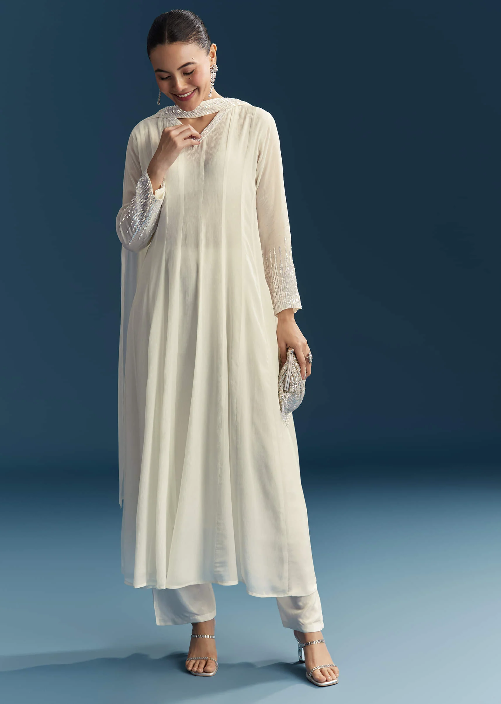White Chinon Anarkali Suit With Sequins Work - Image 4