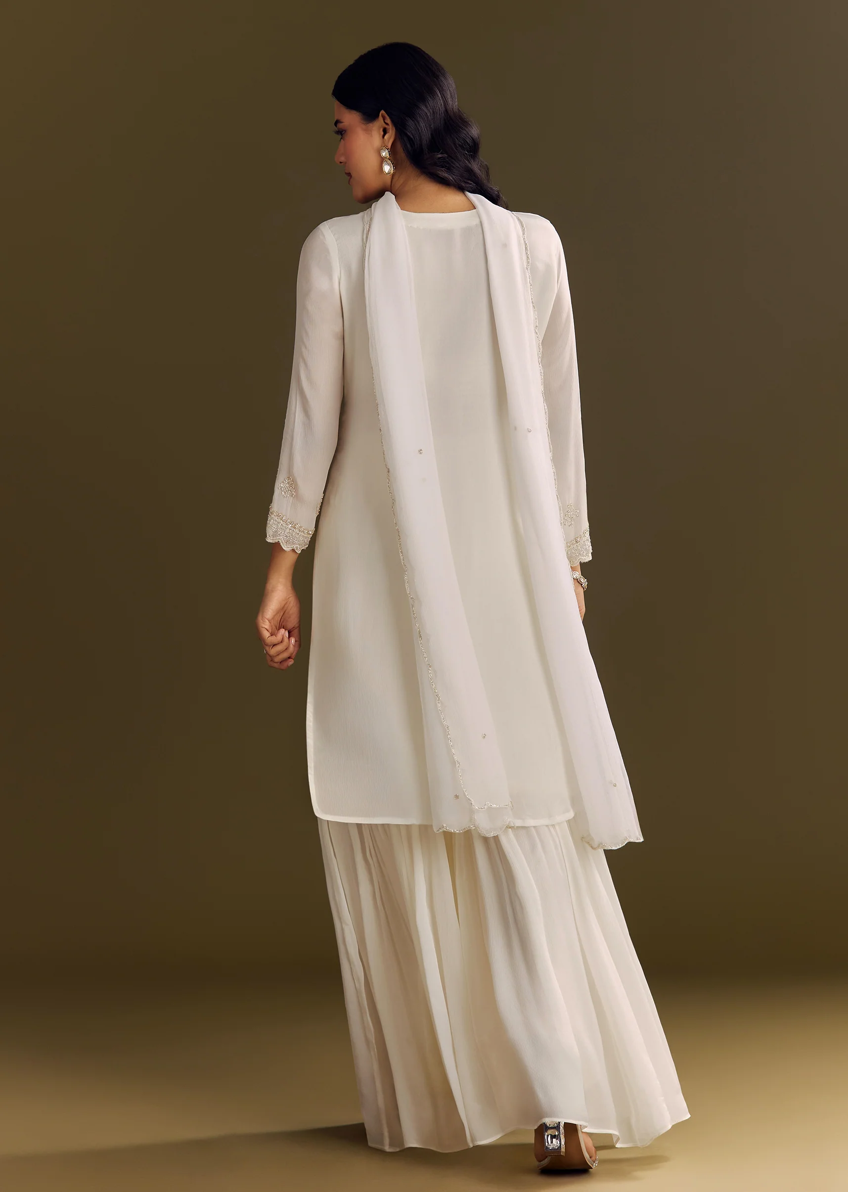 White Chinon Cutdana Kurta Sharara With Moti Work Dupatta - Image 5