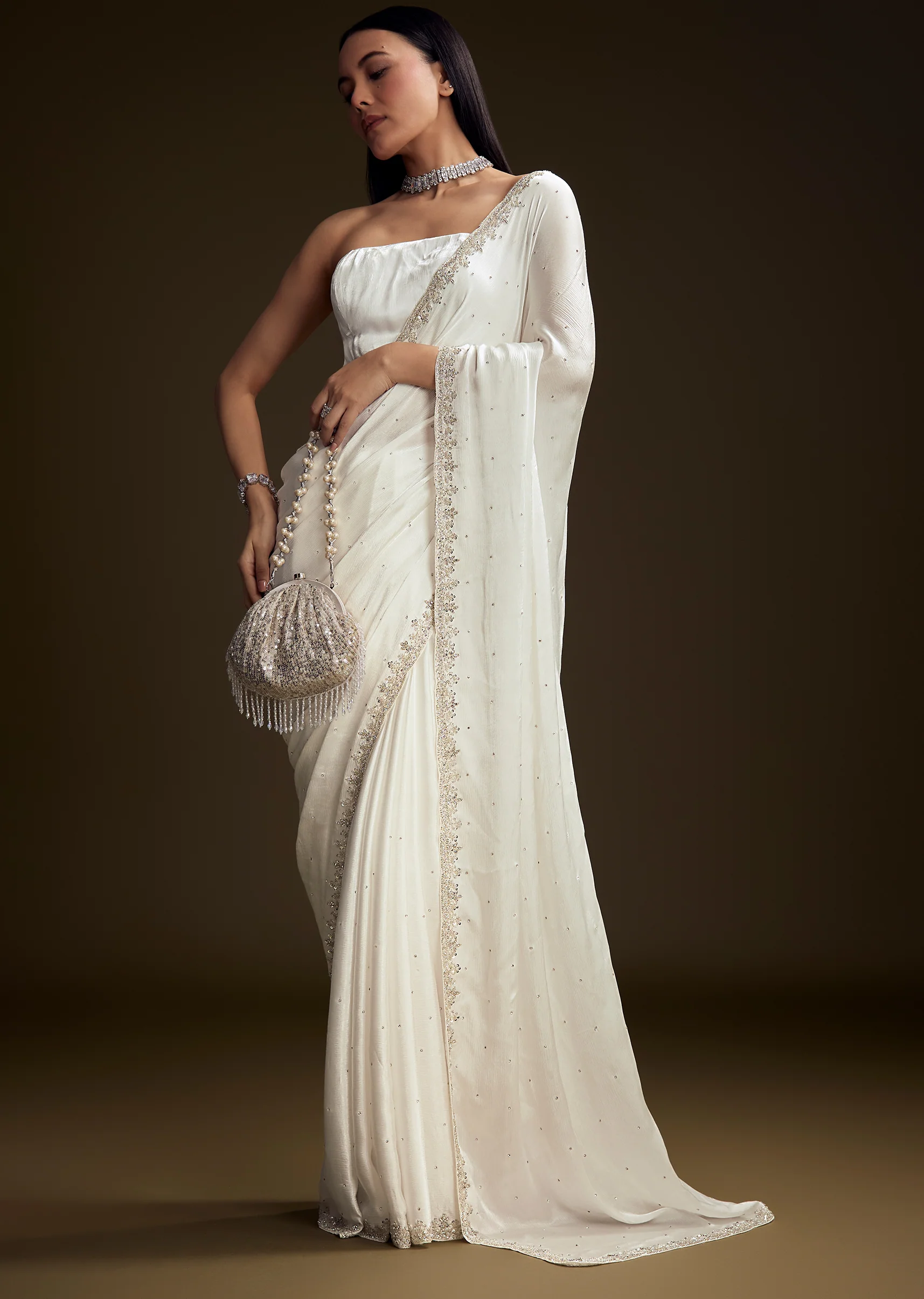 White Chinon Saree With Stone And Sequin Embroidery - Image 2