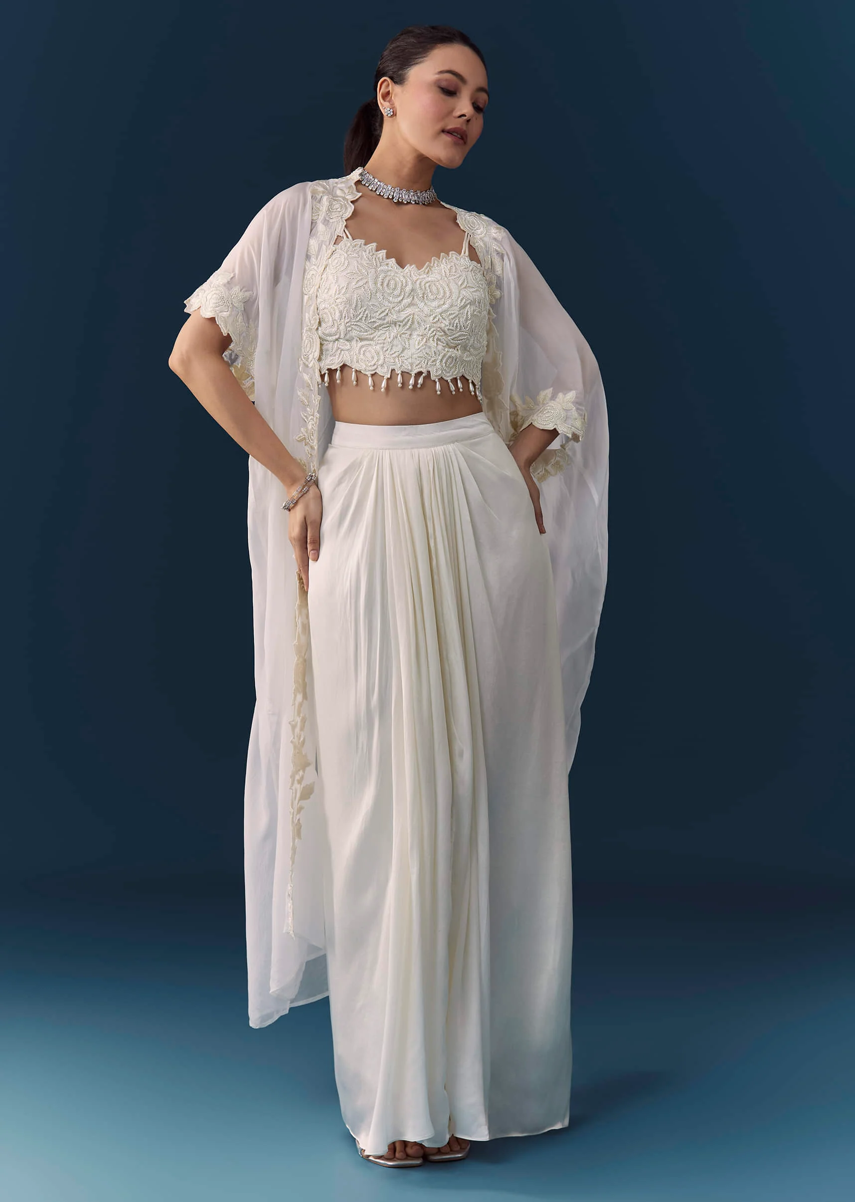 White Crop Top Draped Skirt Set with Cape - Image 3
