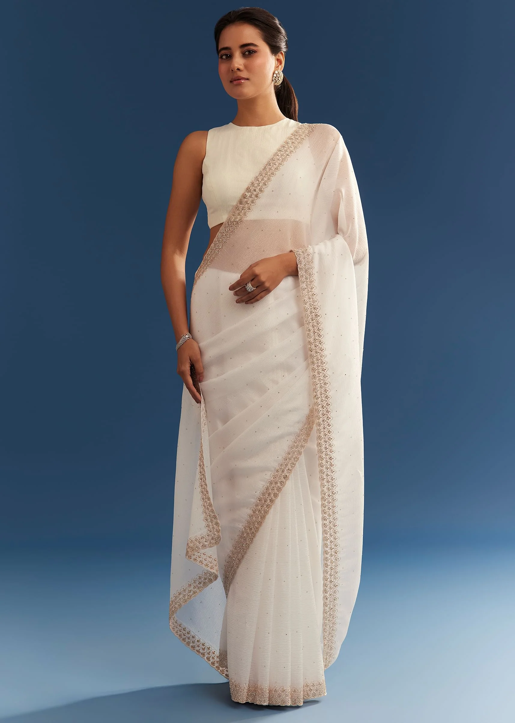 White Crushed Tissue Cutdana Embroidered Saree