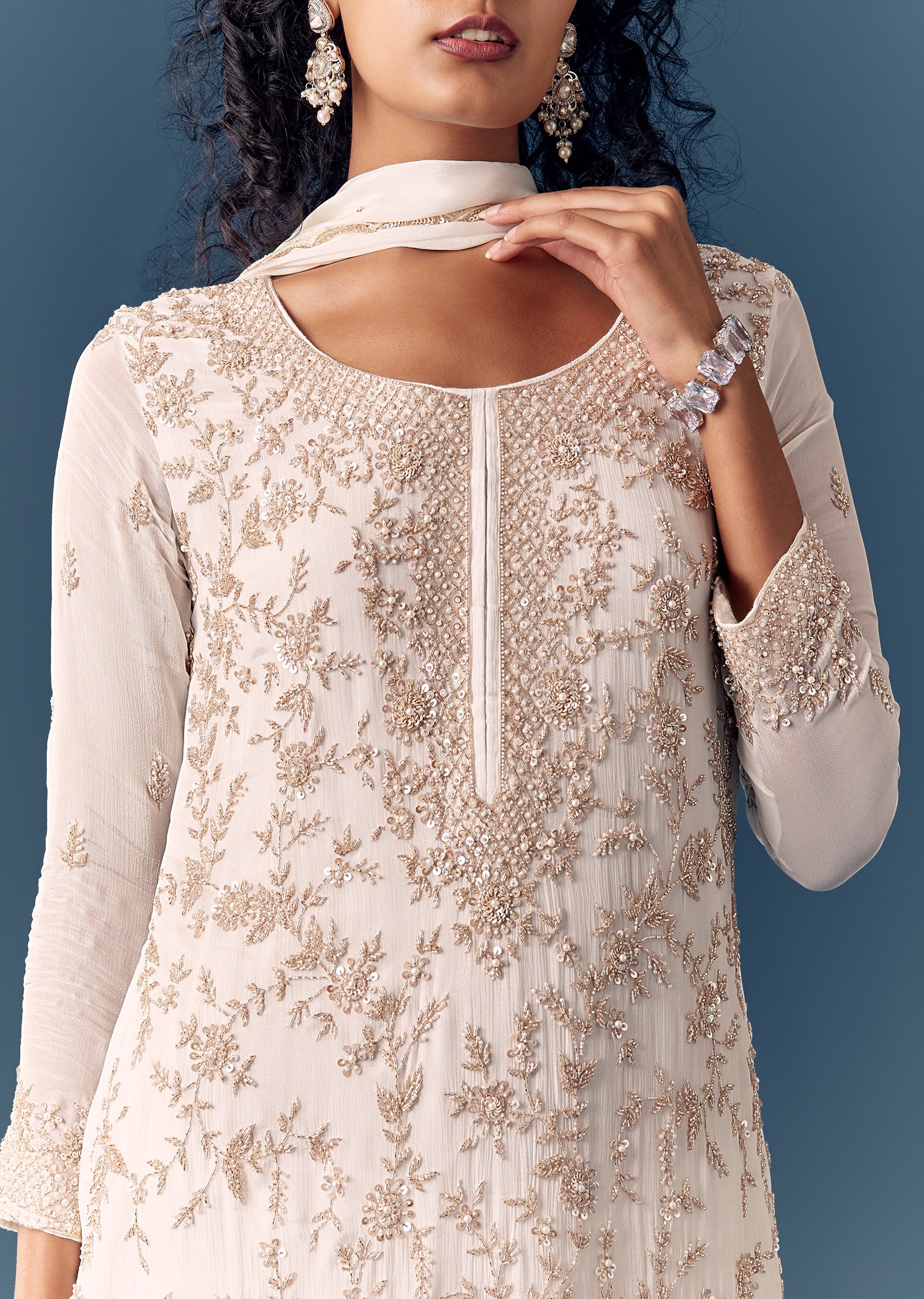 White Cut Dana Kurta Palazzo Set With Dupatta - Image 2