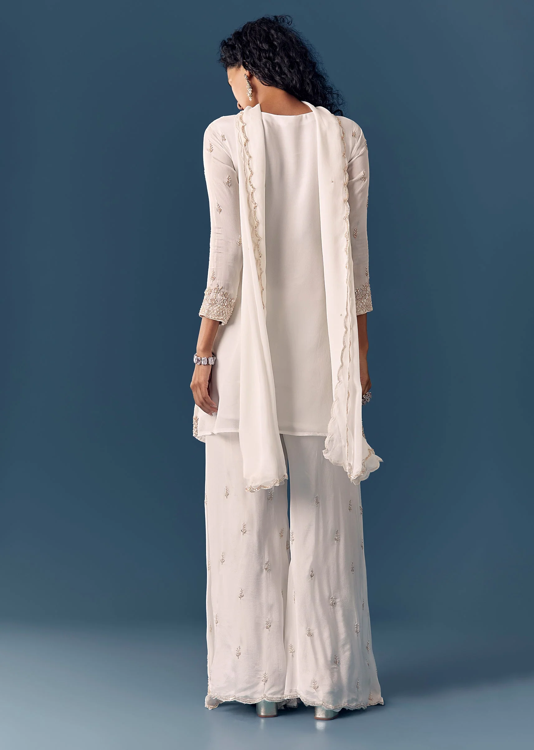 White Cut Dana Kurta Palazzo Set With Dupatta - Image 5