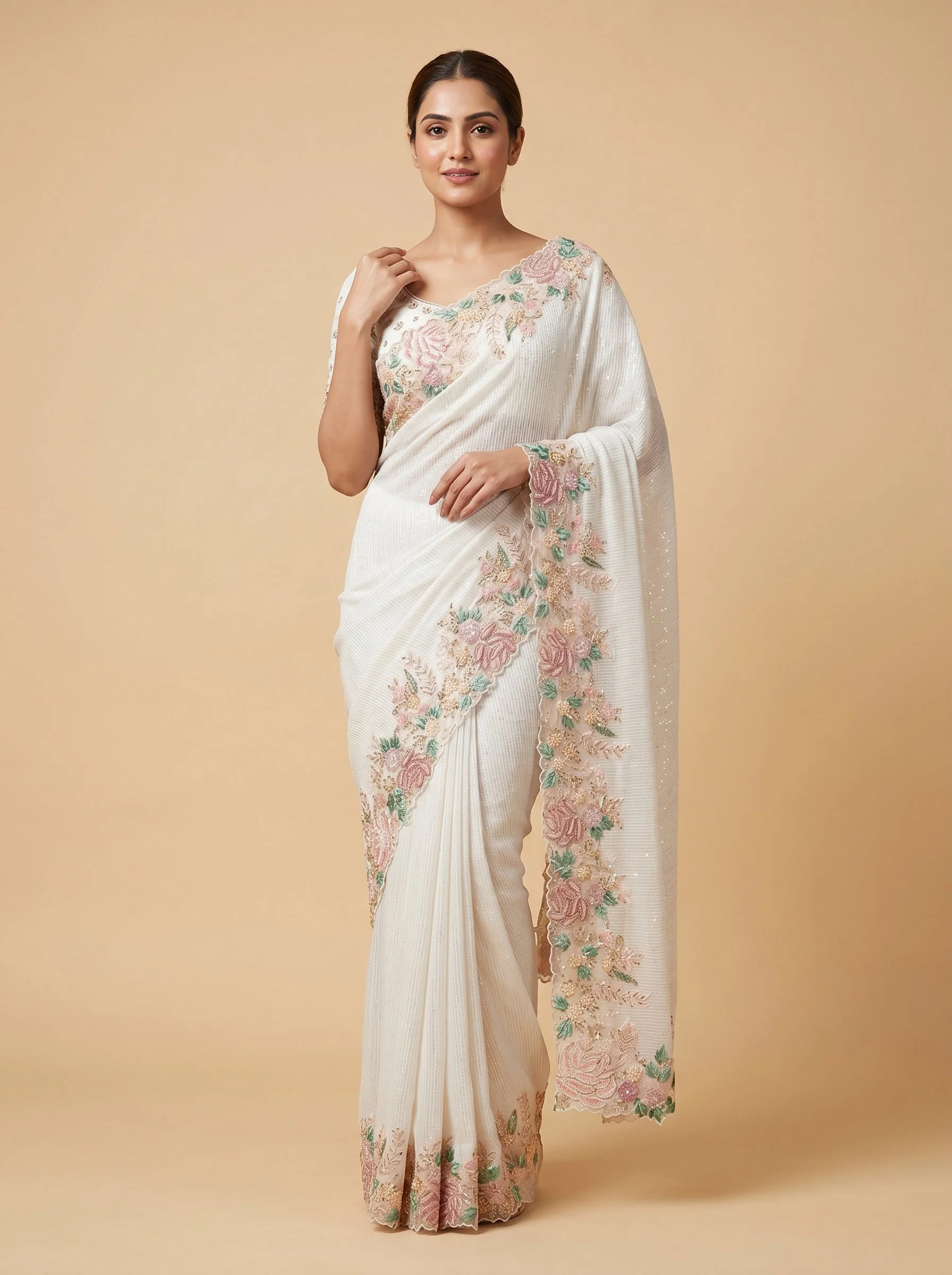 White Embroidered Saree with Minimal Detailing