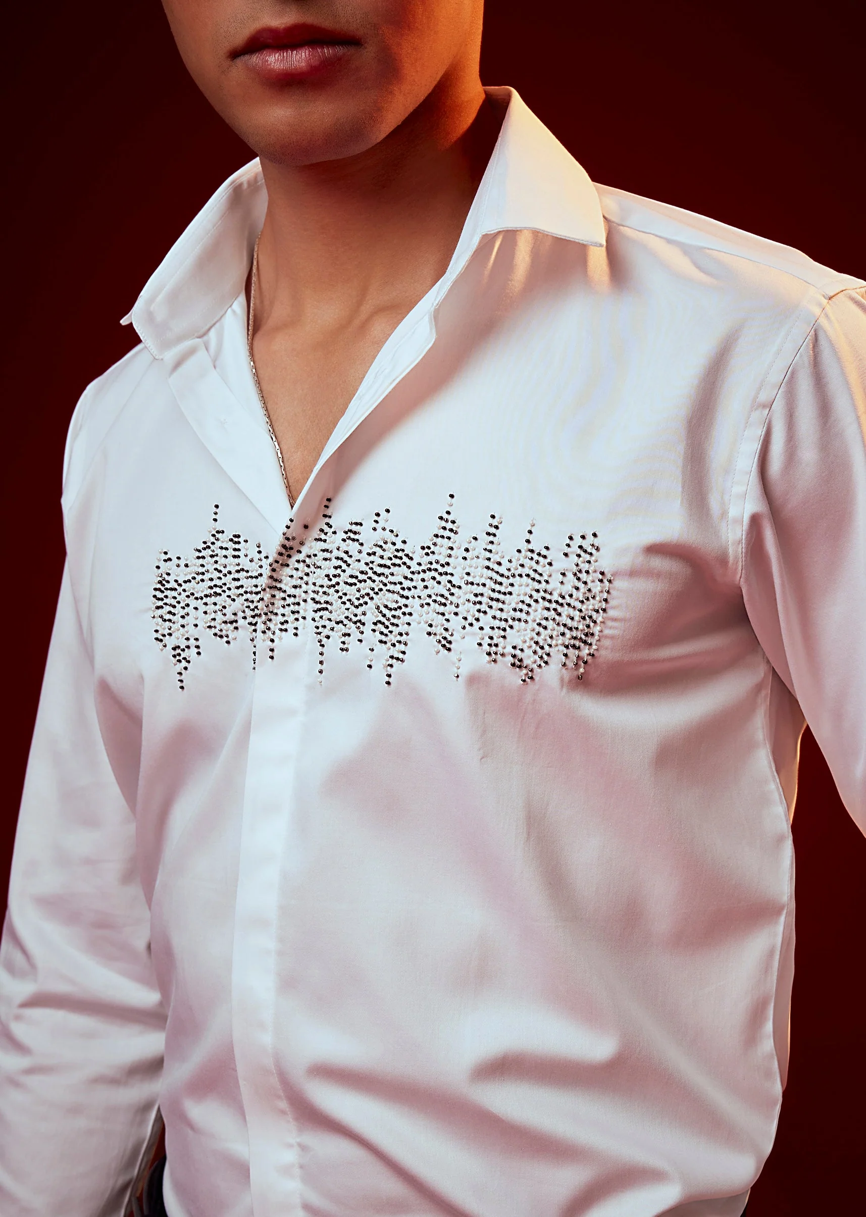 White Embroidered Silk Blend Mandarin Collar Shirt - Image 2