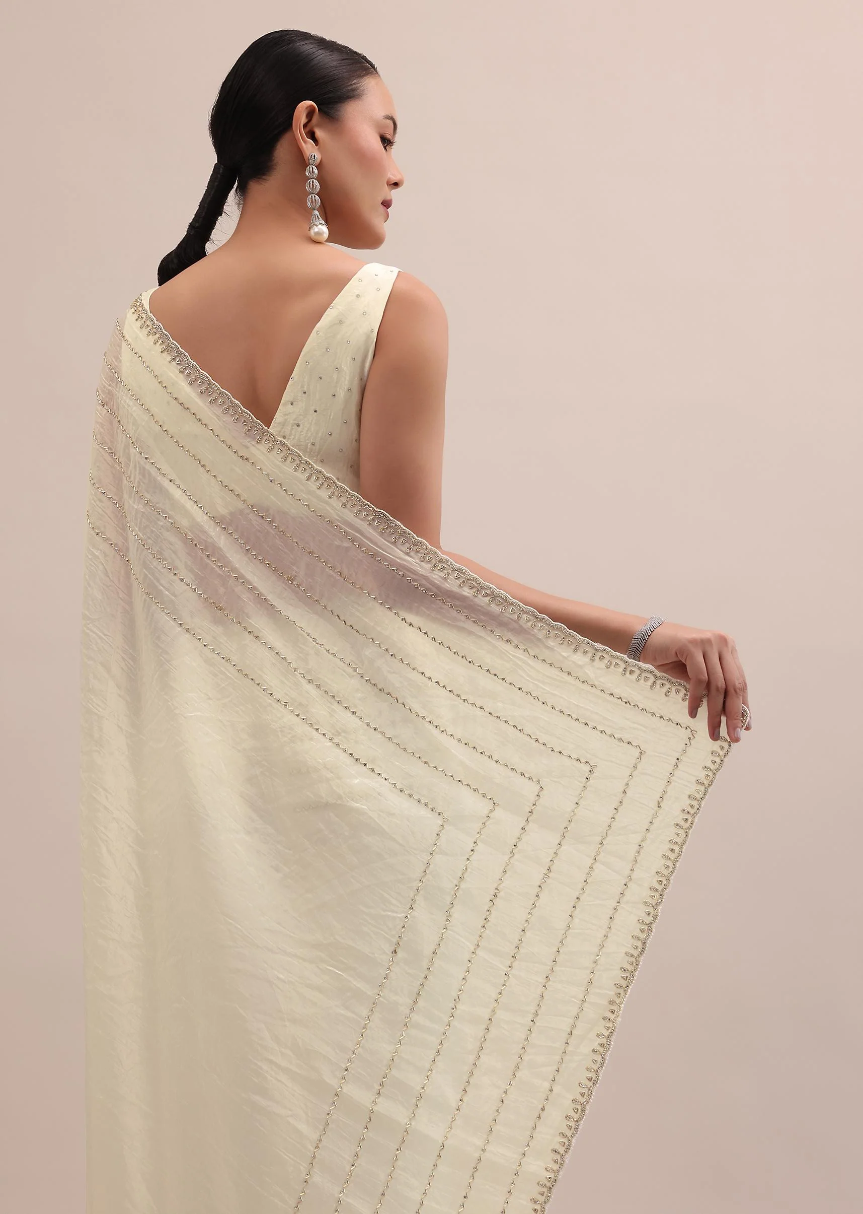 White Embroidered Tissue Saree With Unstitched Blouse - Image 5
