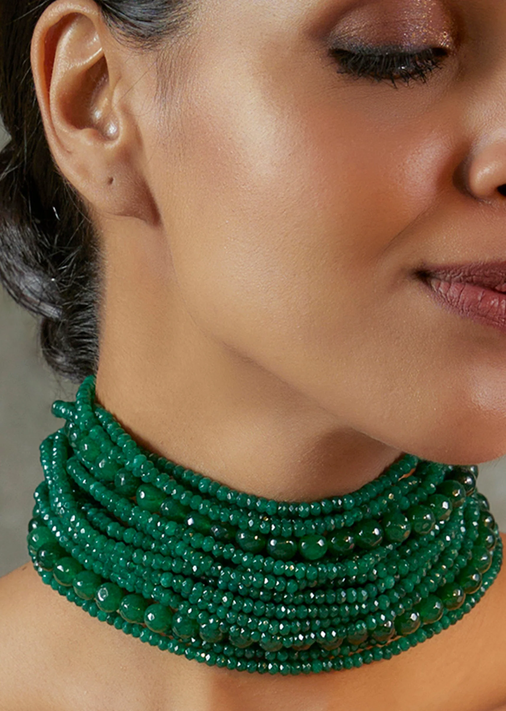 White Finish Green Beaded Layered Choker Necklace