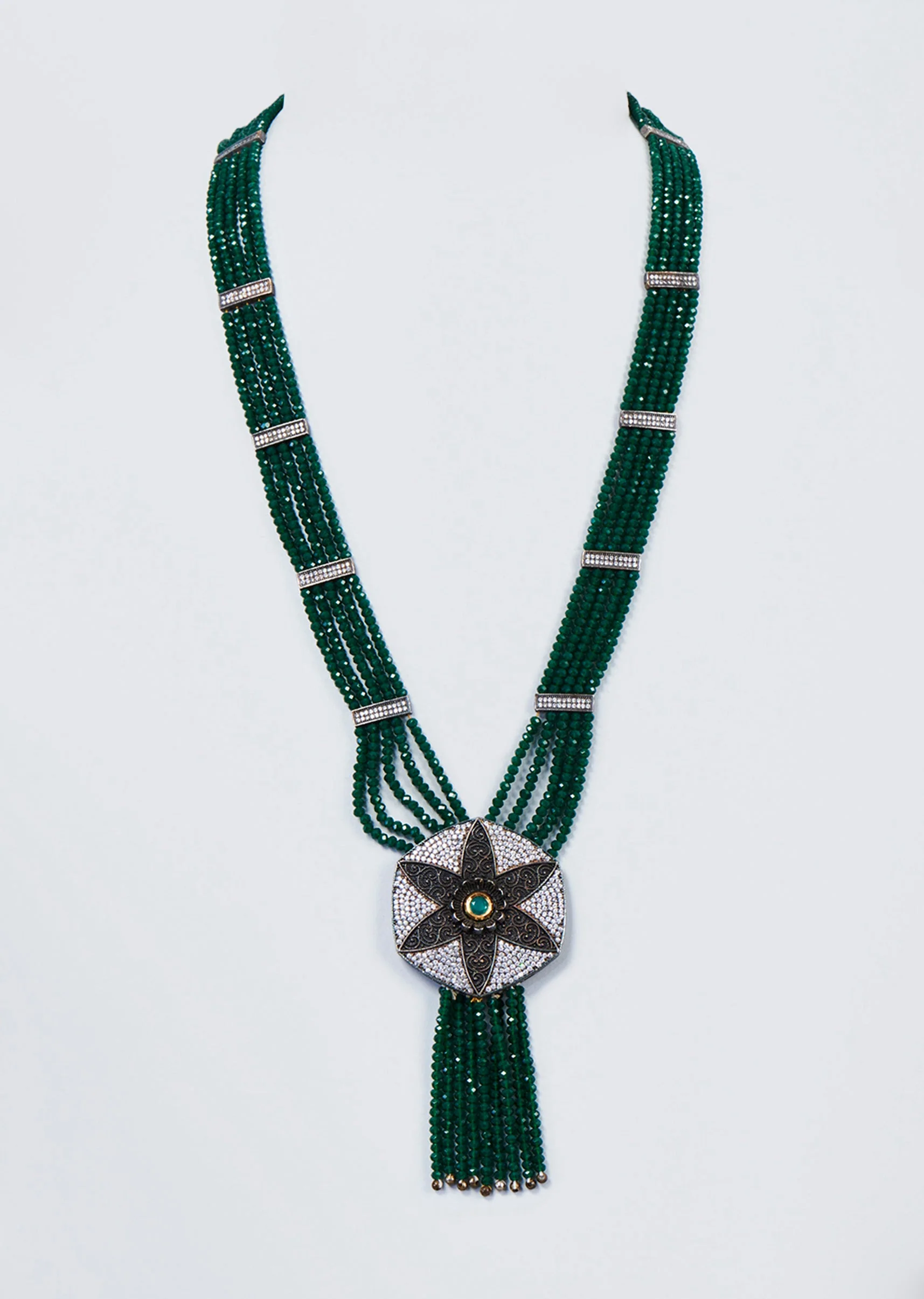 White Finish Green Synthetic Stone Beaded Mala