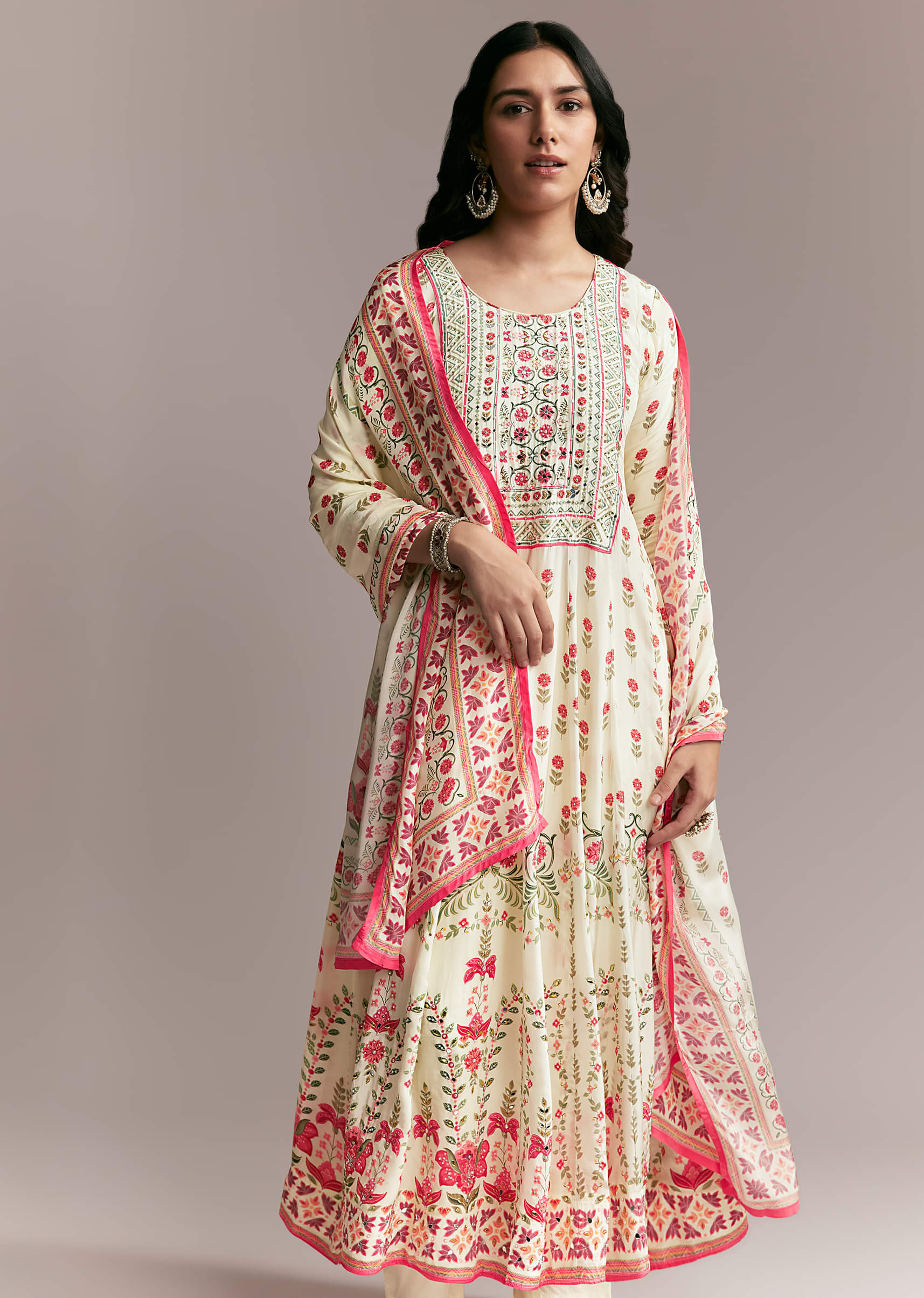 White Floral Printed Anarkali Set - Image 4