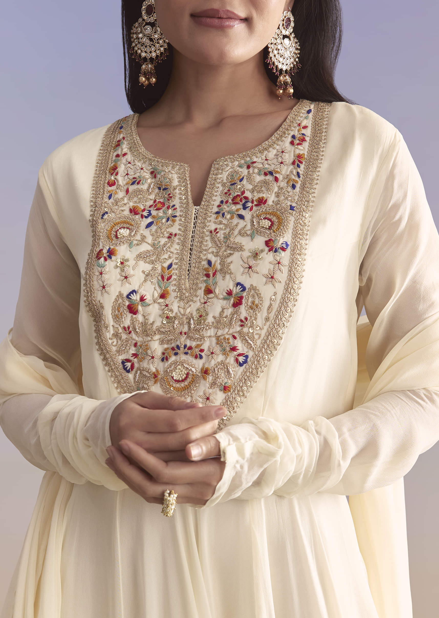 White Georgette Anarkali Suit With Resham and Sequins Work - Image 2