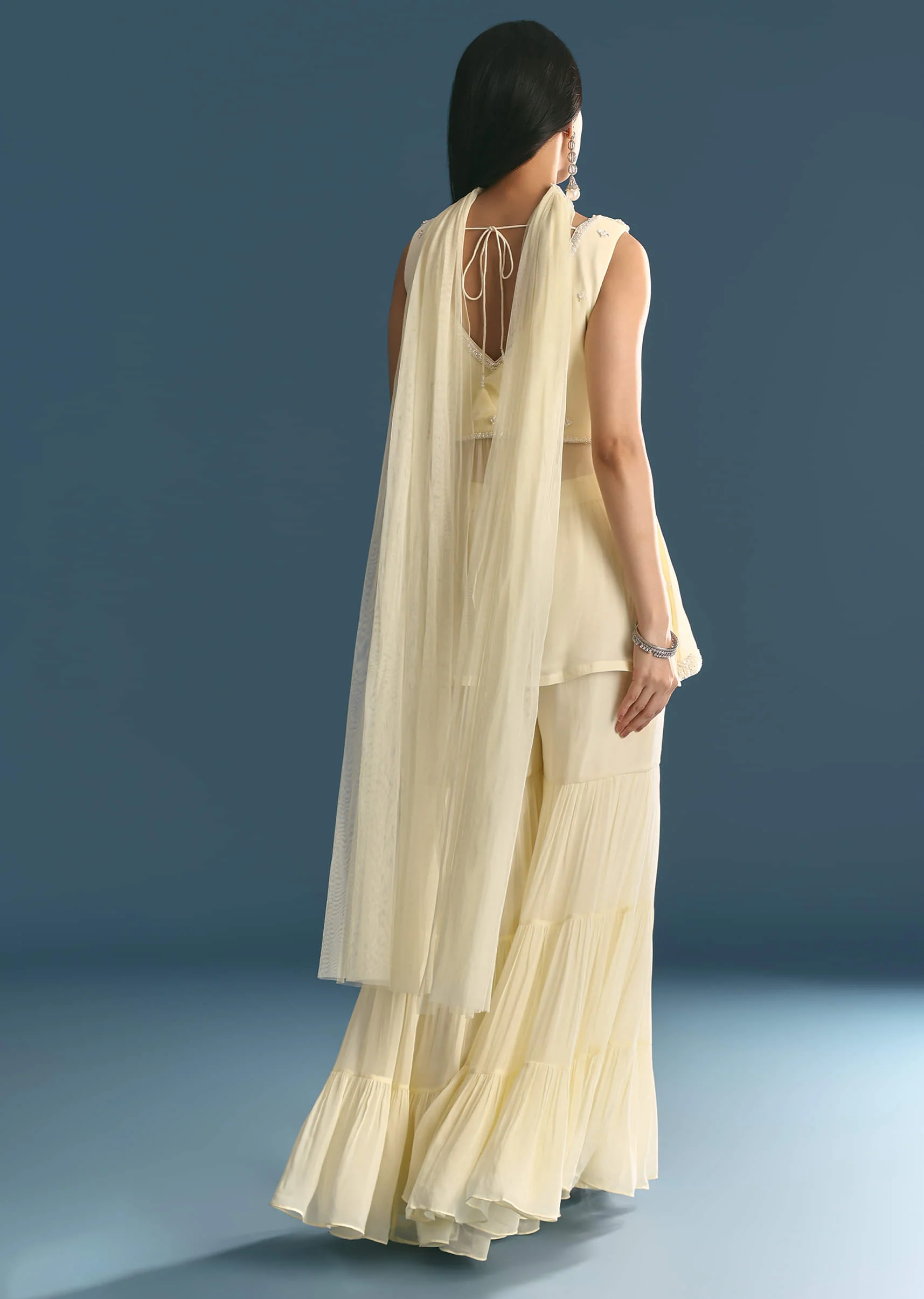 White Georgette Peplum Kurta Sharara Set With Beads And Sequins - Image 5