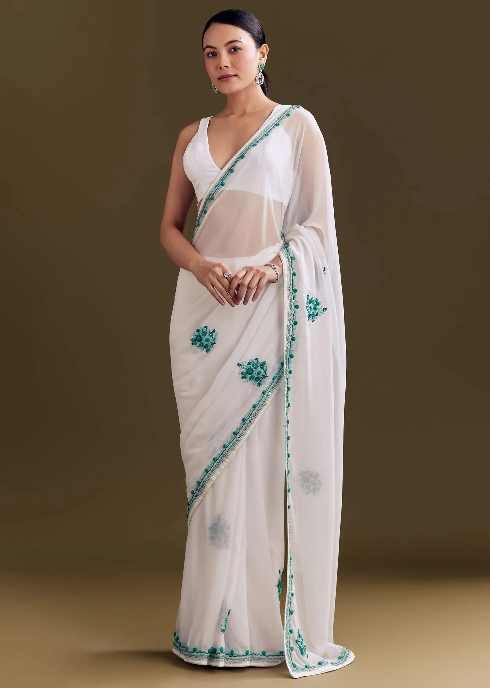 White Georgette Saree With Traditional Kashmiri Buds - Image 2
