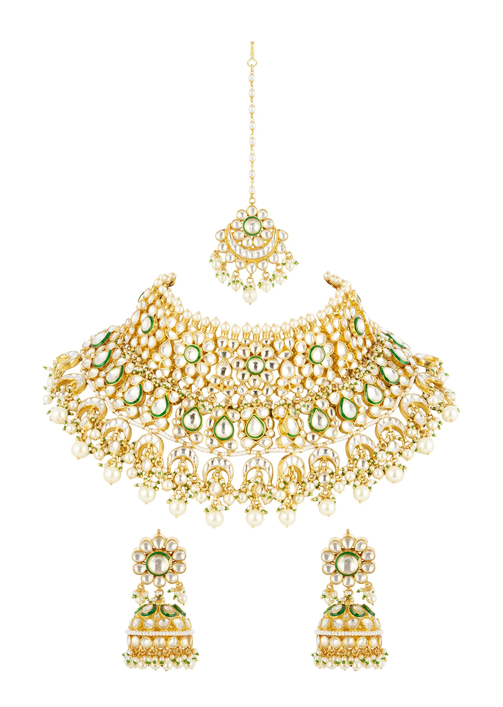 White Gold Necklace Set With Elegant Kundan Detail - Image 2