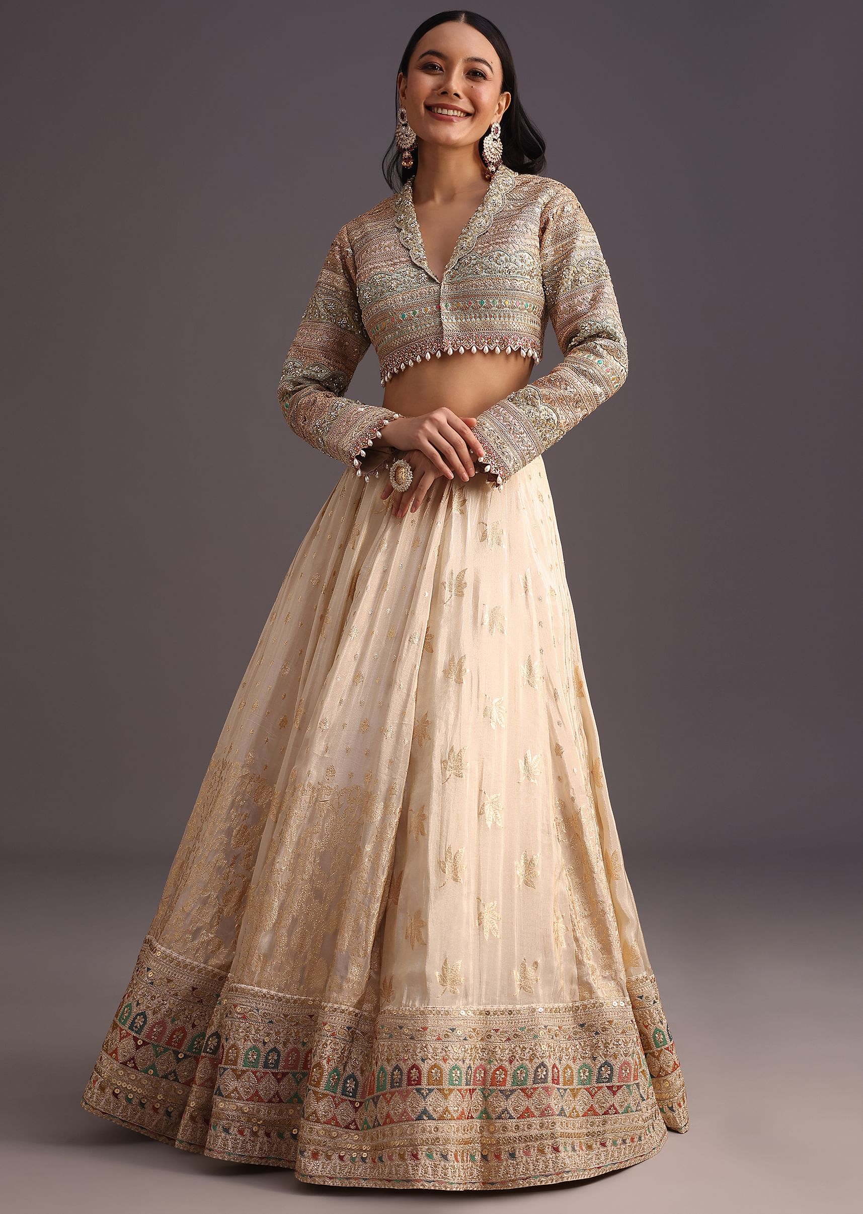 White Gotta Work Choli With Banarasi Weave Lehenga - Image 3