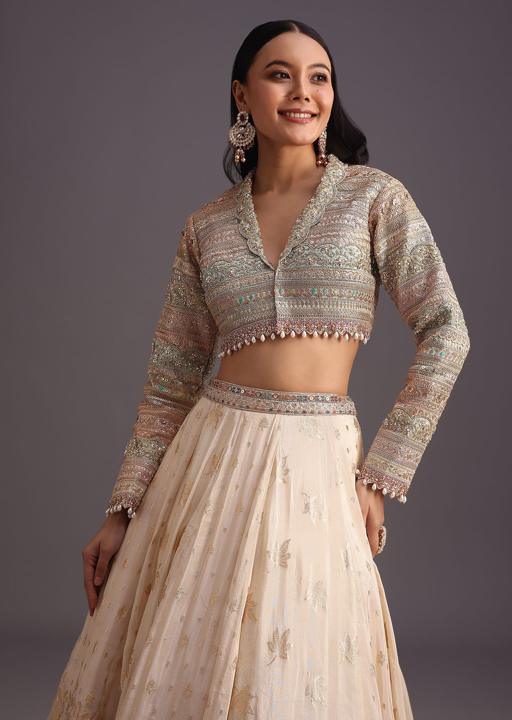 White Gotta Work Choli With Banarasi Weave Lehenga - Image 4