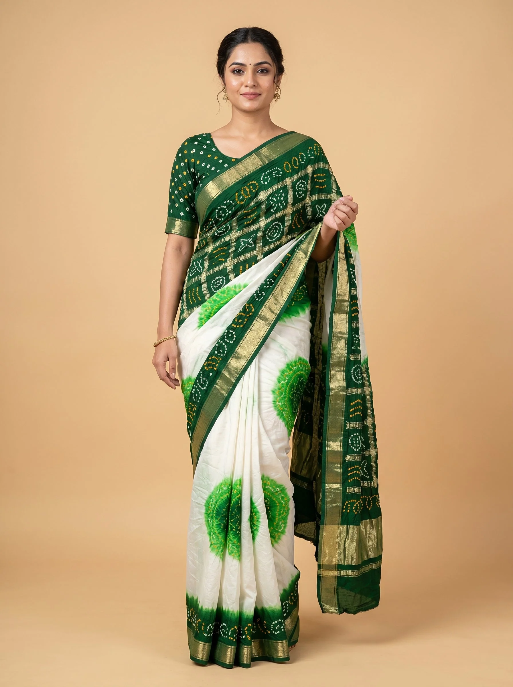 White Green Dual Tone Bandhani Saree