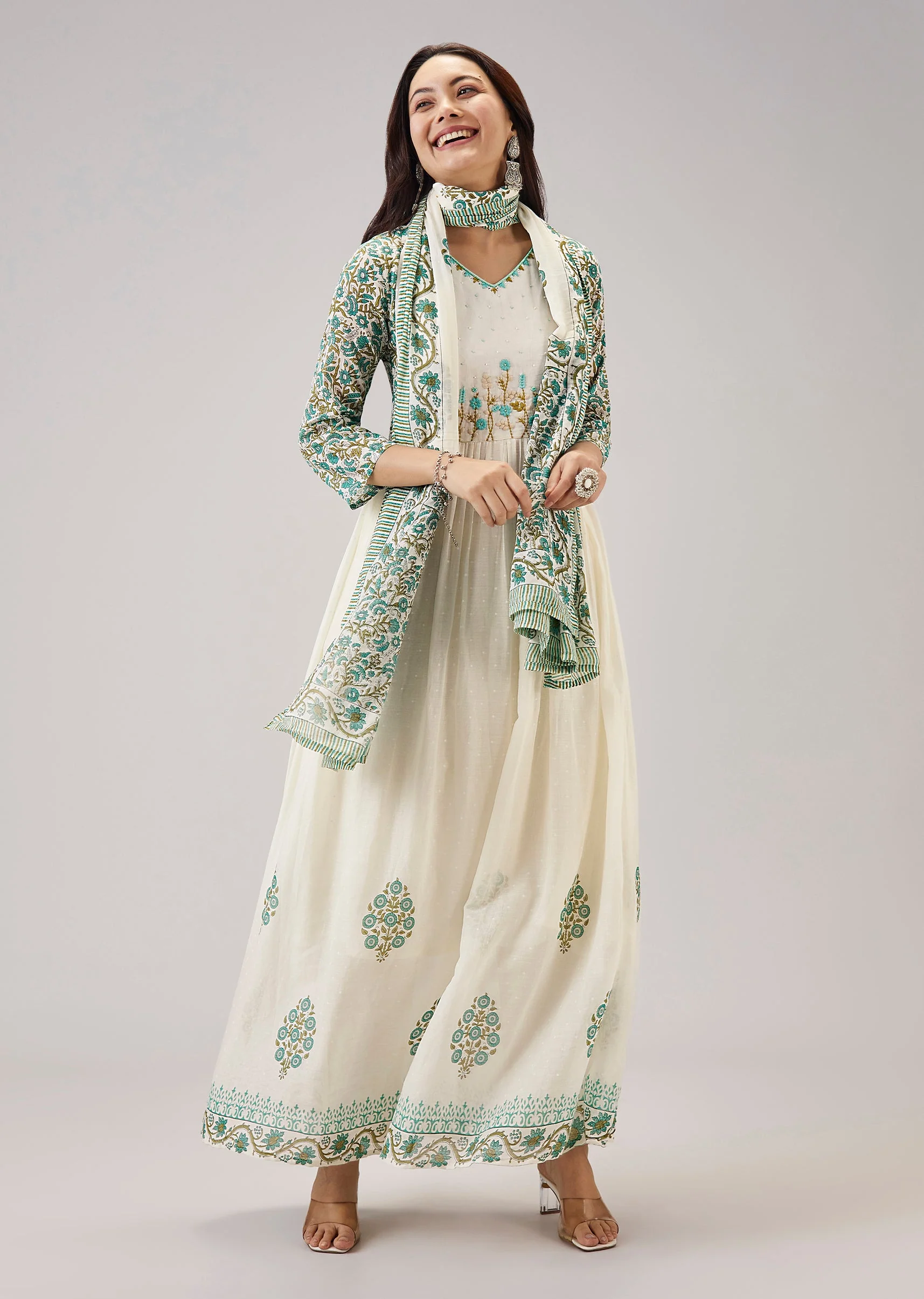 White Handcrafted Anarkali With Beads And Thread Embroidery