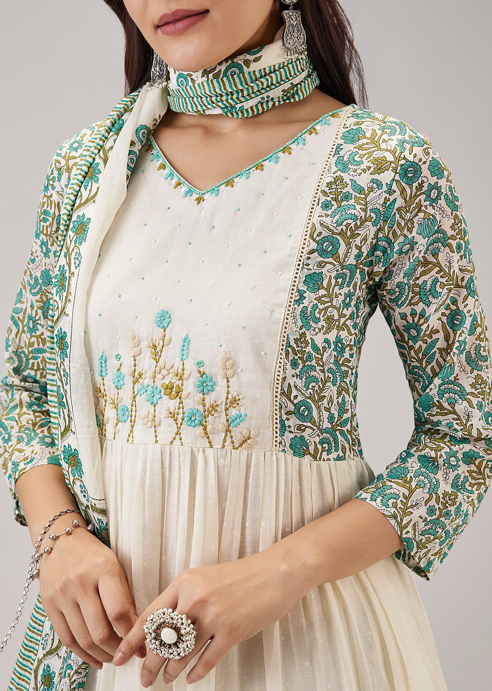 White Handcrafted Anarkali With Beads And Thread Embroidery - Image 2