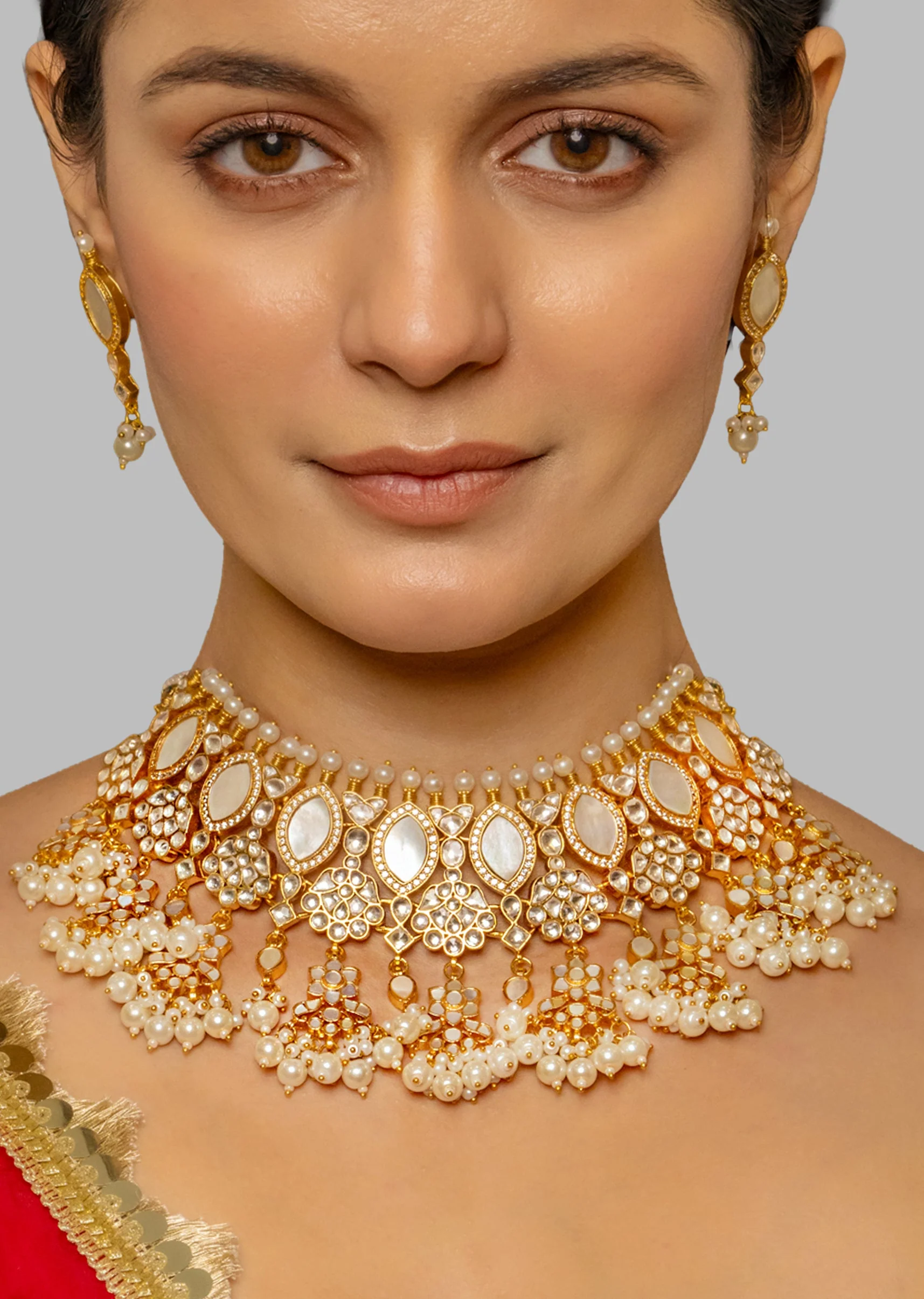 White Heavy Kundan Polki Bridal Necklace Set - Image 2