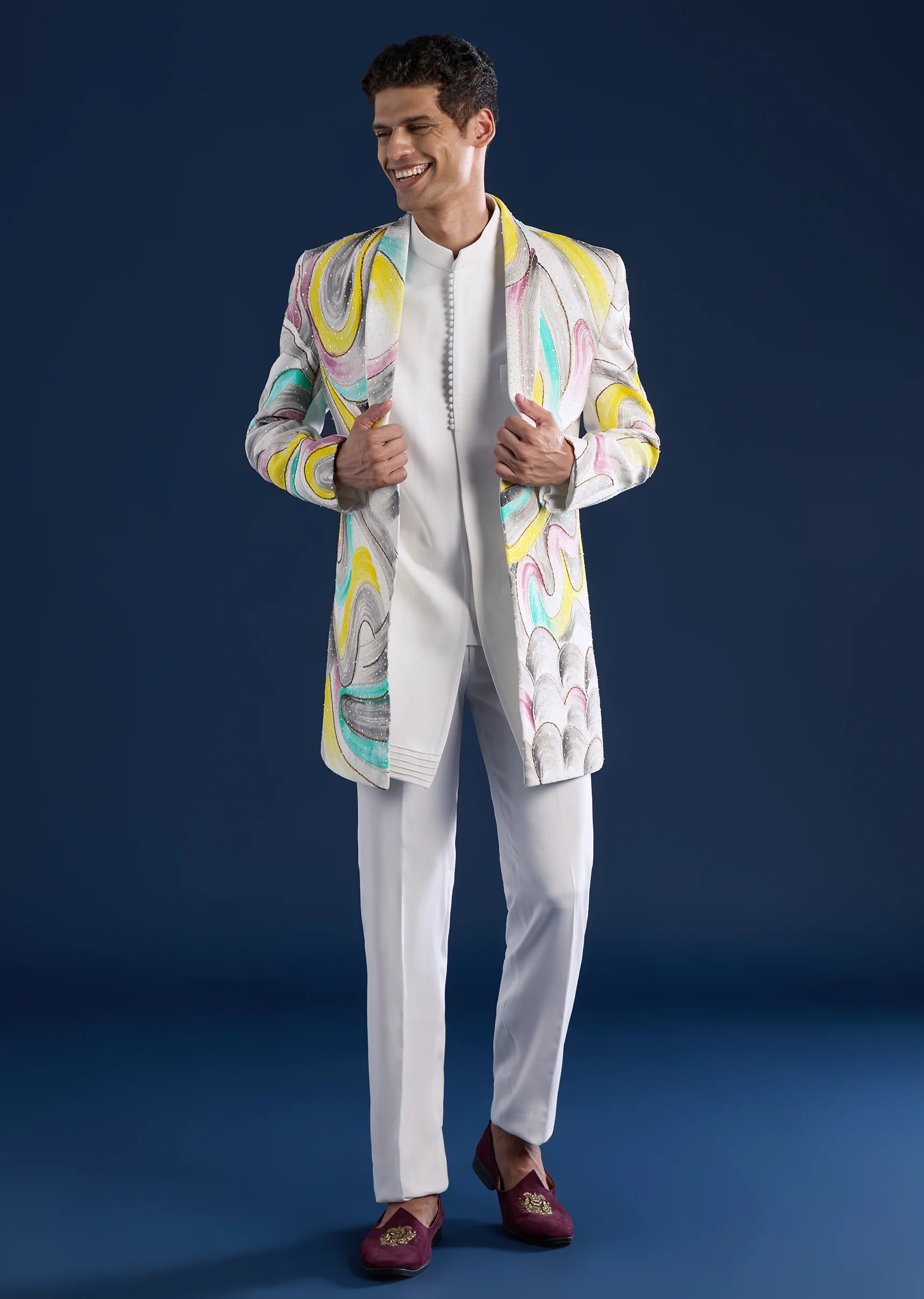 White Indo Western Set For Men With Hand Painted Work - Image 3